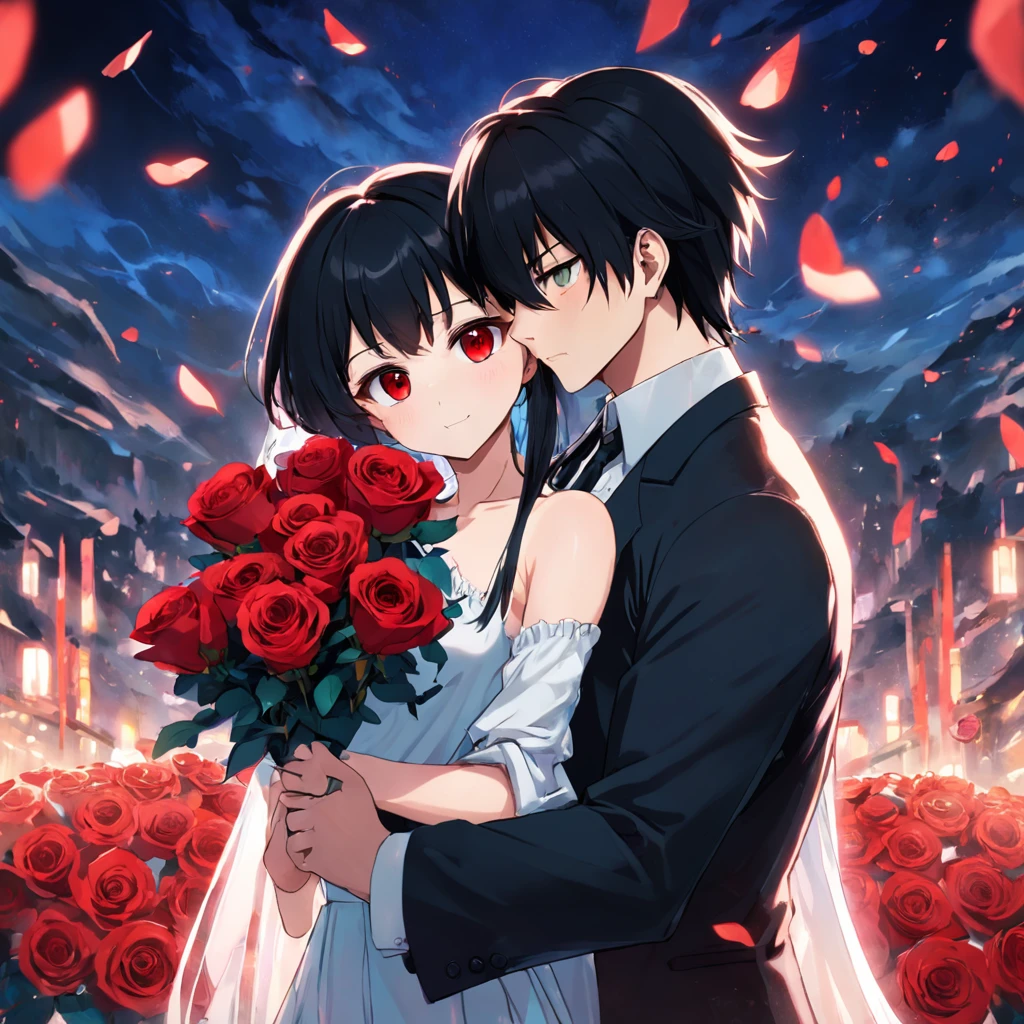 Black-haired, red-eyed handsome guy，Holding roses，courtship
