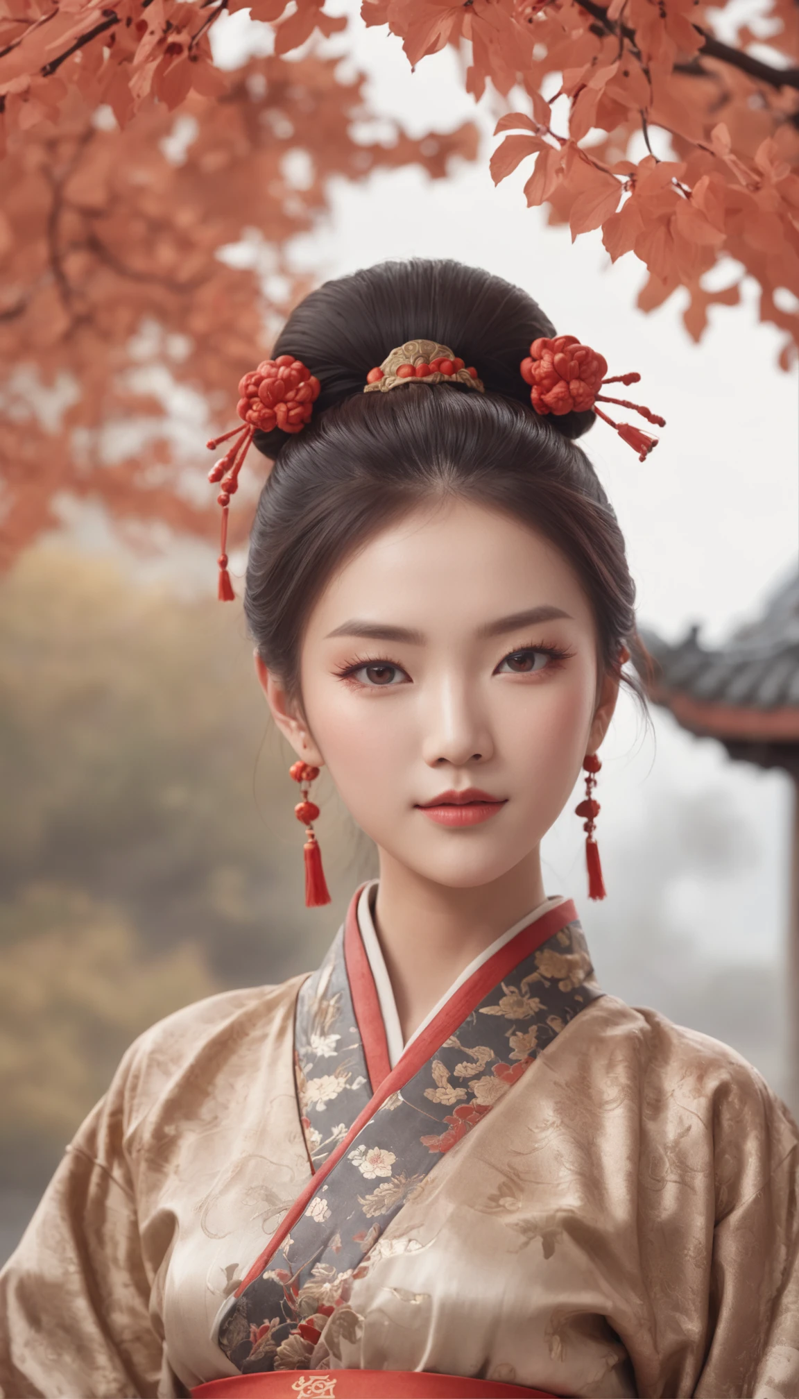Traditional Chinese style graphic illustration,Song Dynasty Style,Autumn cloudscape,Traditional Chinese Ancient Architecture,Traditional costumes of ancient China,Traditional Ancient Chinese Hairstyles。ultra wide-angle,epicd,Works of masters,number々Awards for, (Holding a naginata)