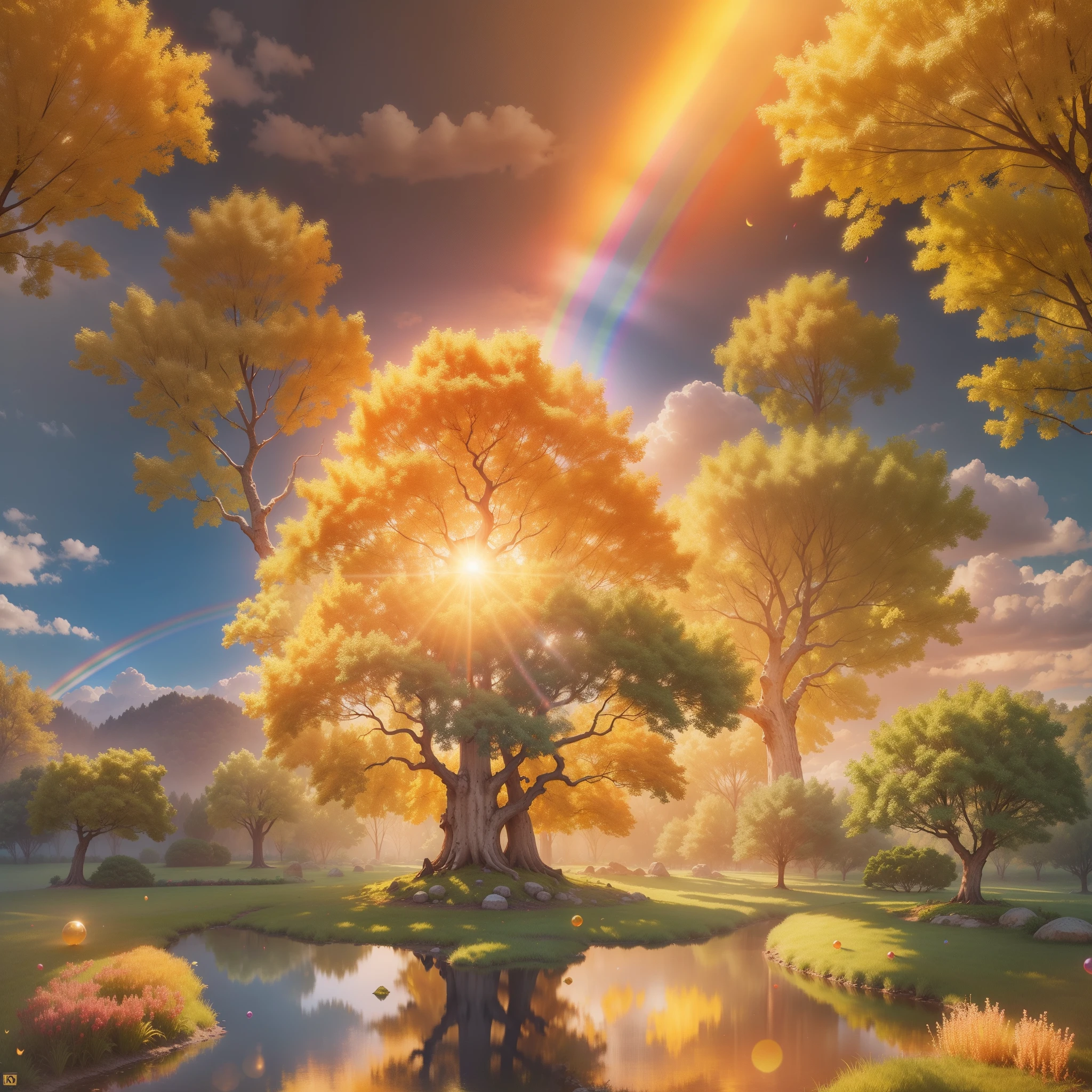 linden trees, A symbol of Buddhism, Rainbow colors of rainbow colors, There is a golden aura around him，A very bright divine light descended from the sky,  high-definition image, High detail and realistic style. Images of at least 300 dpi, UHD 8k