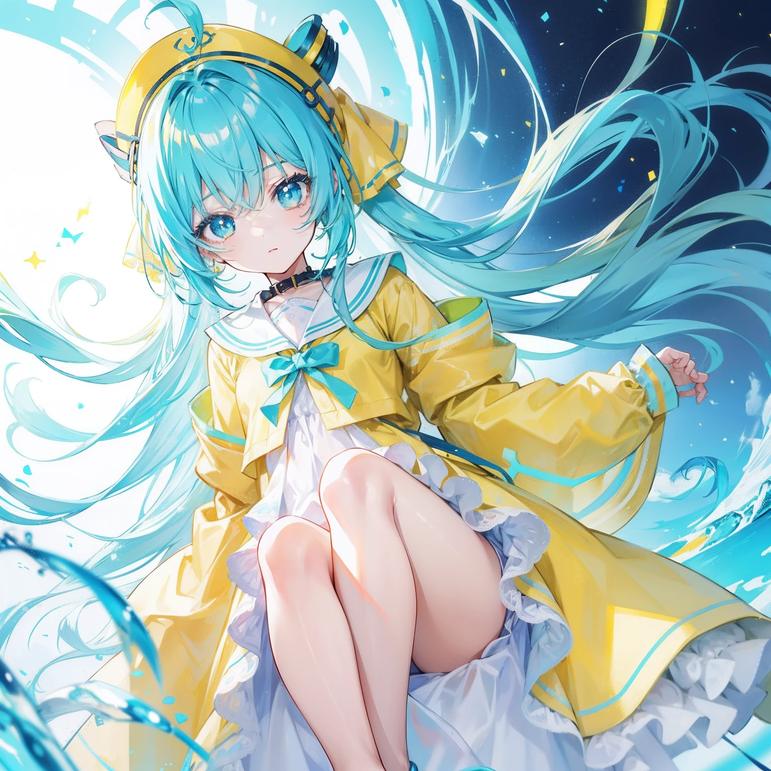 Glowing light cyan yellow with hair and pupils，Clothes in blue, yellow and white，Sweet  girl，The whole is shining