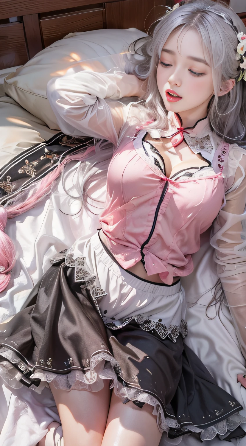 (Woman lying on bed)1 girl, Silver hair, striated hair, Bangs, Blunt bangs, Long hair, Pink hair, aqua eyes, ((Eyes closed)), makeup, Smile, Parted lips, Realism, Verism, surrealism, depth of fields, One-person viewpoint, F/1.8, 135 mm, canon, nffsw, retinas, masutepiece, ccurate, Anatomically correct, Textured skin, Super Detail, high details, High quality, Best Quality, hight resolution, 1080p, hard disk, 4K, 8K、(Coarse short sweater)Floats off the shoulders、off shoulders、((No skirt))、(yawning)(White lace panties are visible)