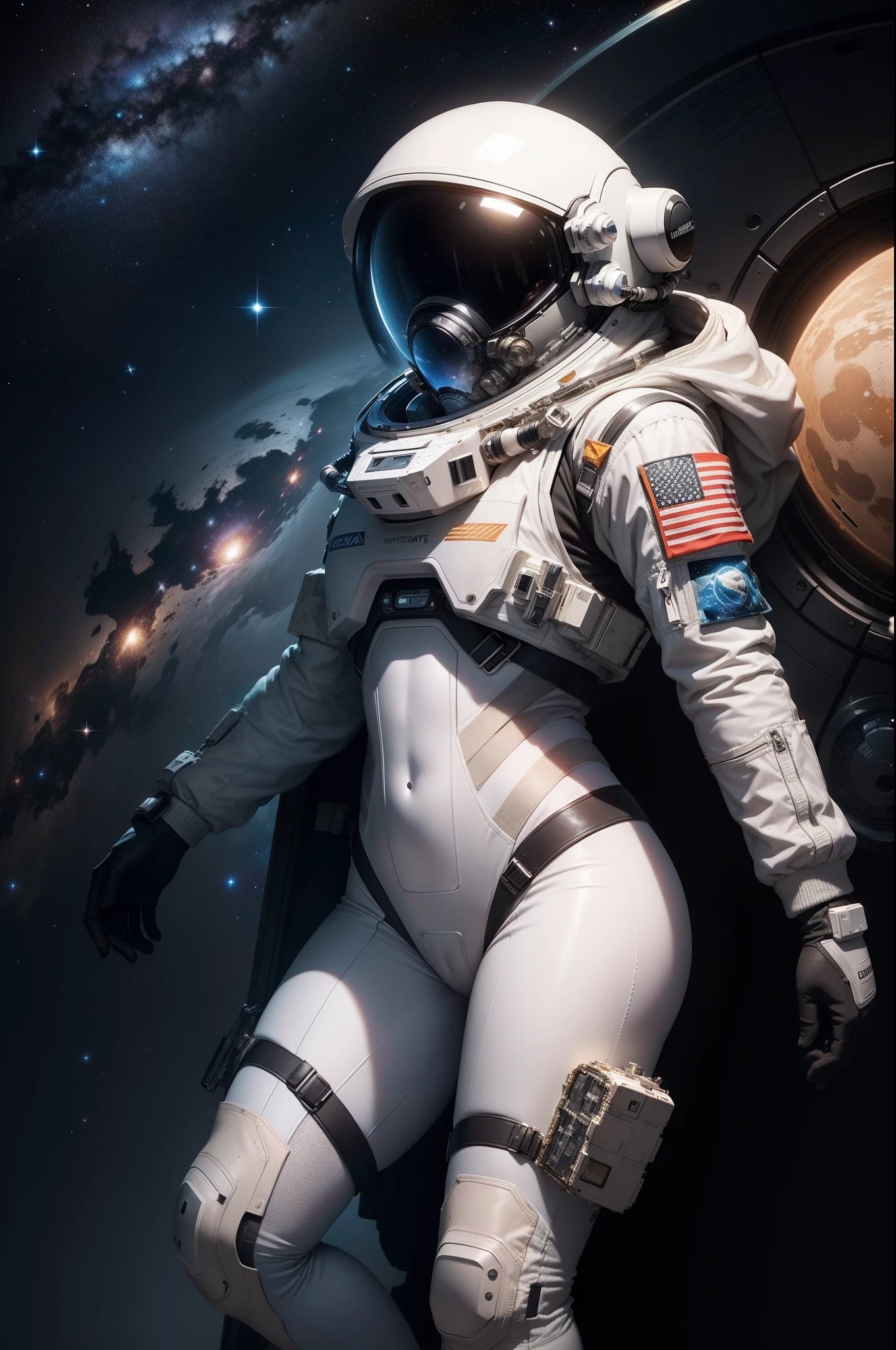 Interstellar flight, Galaxy, space suits, Space Junk, Picking up trash in space,Spacewalk in spacesuit, Crew connected to the spacecraft by cable, Space debris floating in space, Screws floating in space, Stars move, 8K, 16 K, Super Detail, high details, Best Quality, hight resolution, High quality, masutepiece, Anatomically correct, nffsw