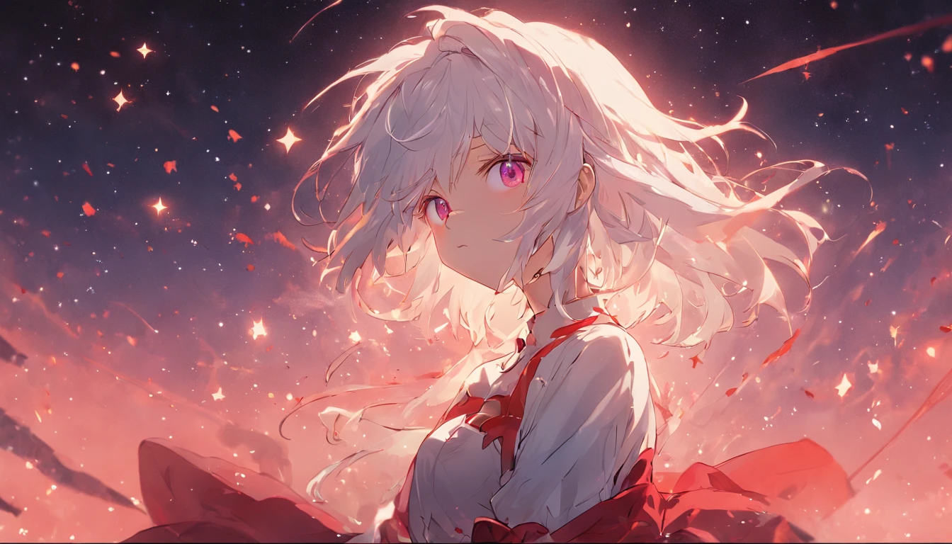 absurderes、hight resolution、(Official Art、Beautifully Aesthetic:1.2)、(Close View:1.15)、 (1girl in、White hair、Hair in the middle、yellow eyes、radiant eyes、Black Long Dress、Red frills、:1.2)、simple background、(starrysky)、(nigh sky)、(starrysky)