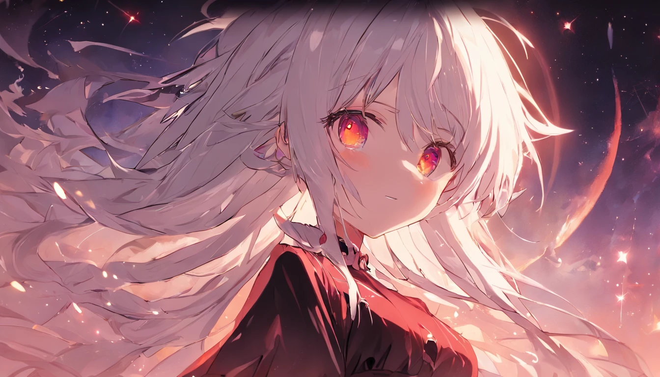absurderes、hight resolution、(Official Art、Beautifully Aesthetic:1.2)、(Close View:1.15)、 (1girl in、White hair、Hair in the middle、yellow eyes、radiant eyes、Black Long Dress、Red frills、:1.2)、simple background、(starrysky)、(nigh sky)、(starrysky)