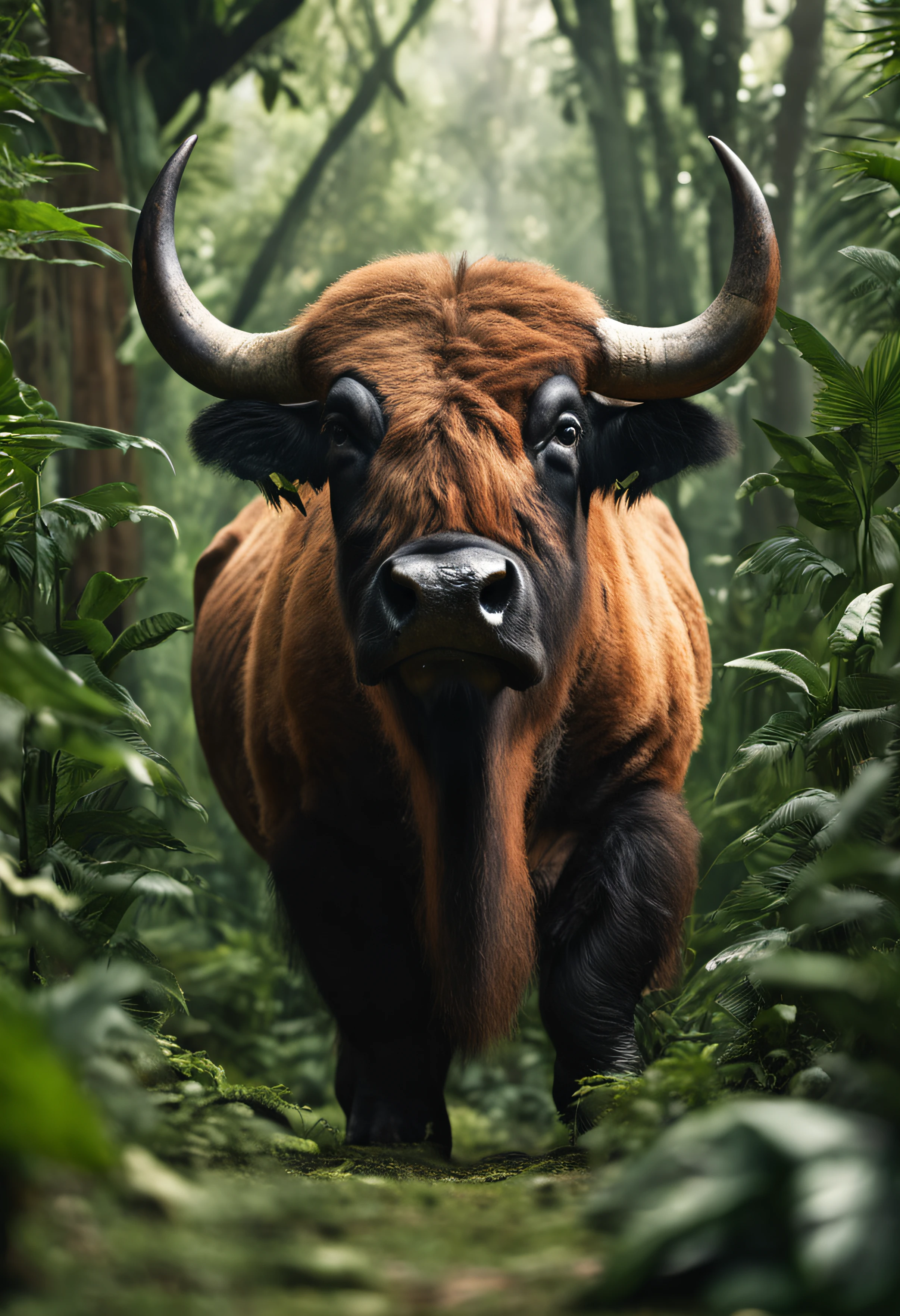 High nation-geographic symmetrical close-up portrait shoot in green jungle of an expressive Buffalo, anamorphic lens, ultra-realistic, hyper-detailed, green-core, jungle-core –ar 16:9 –q 2 –v 5