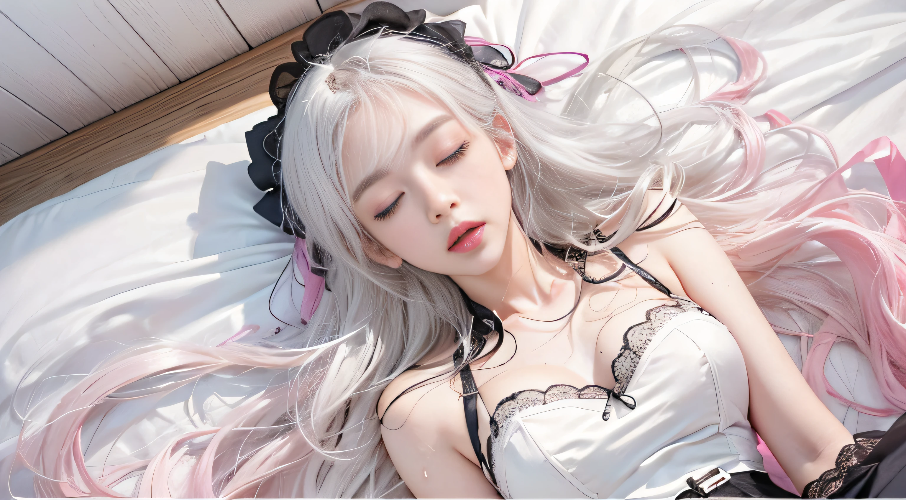 （Beautiful girl lying in bed）Photorealistic, High resolution, 1womanl, Solo, hips up high, view the viewer, (Detailed face), White hair, Long hair,（ lace bra（off shoulders））、Front opening（Lace panties）（Eyes closed）、