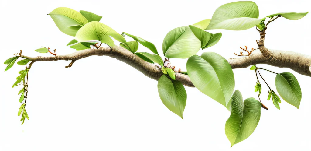 There is a branch,There are green leaves on it,The background is white, stunning images,Beautiful image, leafs, magnolia leaves and stems, apple trees, Branch, green plant, High rendering, green leaf, leaves on branches, lush plant growth, branches and foliage, Green leaves, Professional design, High quality detail