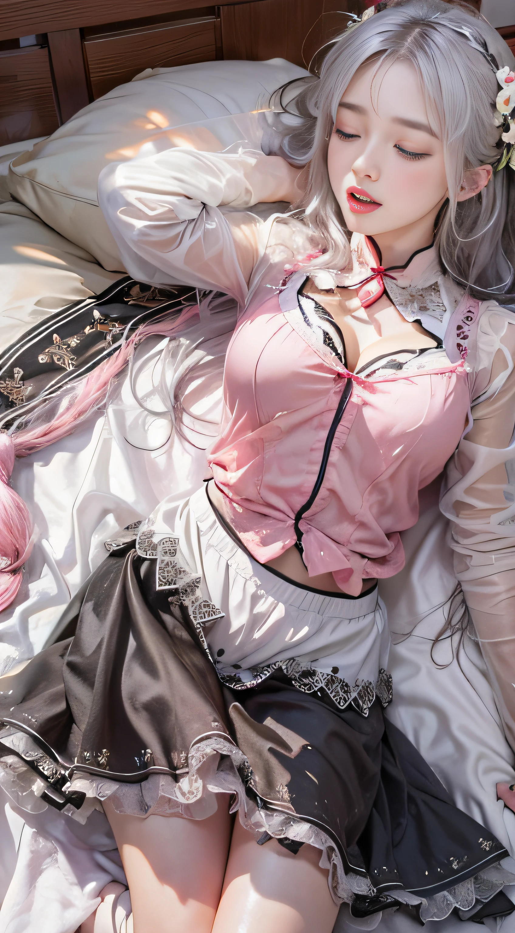 （Woman lying on bed）Photorealistic, High resolution, 1womanl, Solo, hips up high, view the viewer, (Detailed face), White hair, Long hair, （（maid clothes））（（Black lace panties ））（（Eyes closed））Tration: 1.1), (Best Shadow: 1.1), tongue、Vaginal orchids、Runny Vaginal Discharge、Blowing tide、Very beautiful breasts、Grasp your breasts with both hands、 Spread your legs、sexual excitement、Sex Expressions、shinny skin。realisitic、(Kpop Idol)、Medium Hair、(Pink blush)、(illuminating)、[[Open legs、Spread your legs apart]]、(独奏)、 (yawning), (((exhibitionism))), ((she is soaking wet)).Photo、