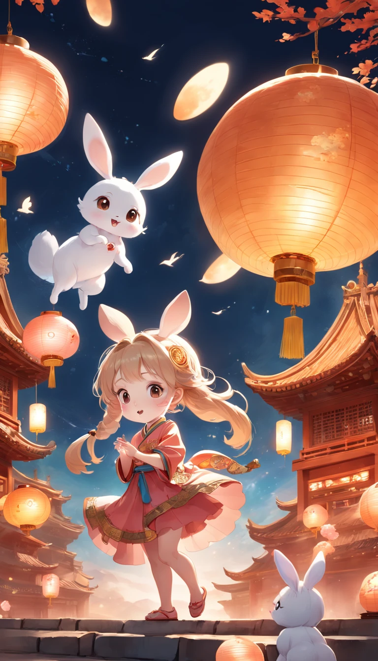 Mid-autumn festival, cute fairies, beautiful big eyes, wearing ancient costumes, rabbits playing around girls, moon cakes, auspicious clouds, behind the huge moon, warm colors, abstract images, super Realism, Pixar Style, 3D Effects, Disney Style, Clear Rim Light, Rim Light, Fantasy, Spotlight, 8k