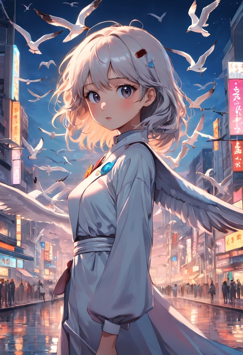 Seagulls humanized,Depicting the world of the future,a beauty girl