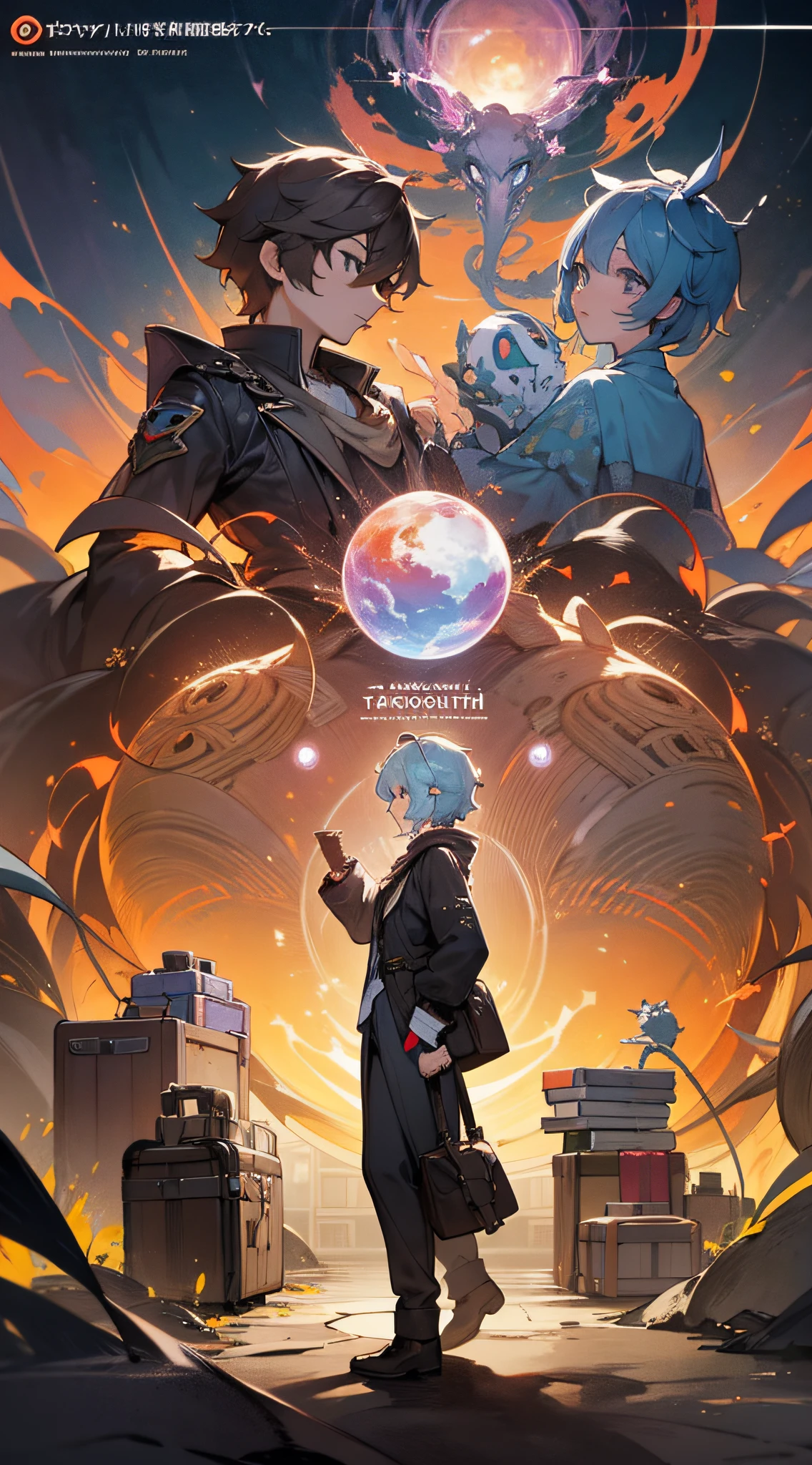 Genshin characters stand side by side,Octopus Traveler,Romance book cover,Boris Vallejo。Octopus Traveler, octopath traveller style, Holding a large glowing sphere in both hands, artbook artwork, full art illustration, offcial art, Official artwork HDR, Propaganda art, Character Album Cover, light novel cover art, Official artwork, romance book cover