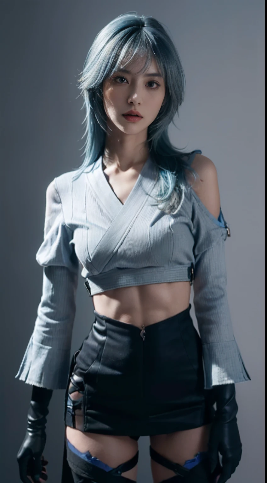 (obra-prima:1.3), (8k, Photorealistic, Fotografia crua, Qualidade de imagem superior: 1.4), High school girls in Korea、night street light background, (Random hairstyles:1.2)、May:10, decote do peito、decote:2, midriff:2, Rosto super detalhado、Olho de detalhe、Double eyelid、Junte seu peito、sharp focus:1.2、mulher bonita:1.3、cabelo azul、short hair:1.4, hands in the back:1.5, kim yoohyeon, Maximum quality、obra-prima、Super high resolution、(Photorealistic:1.4)、Highly detailed and professional lighting smile、Malhas soltas e leves、Ombro para fora、delgado、serious facial expression、cabelo curto、Fatal position, white asian skin, sacada no fundo, olhar serio, thunder on background, thight dress:2.