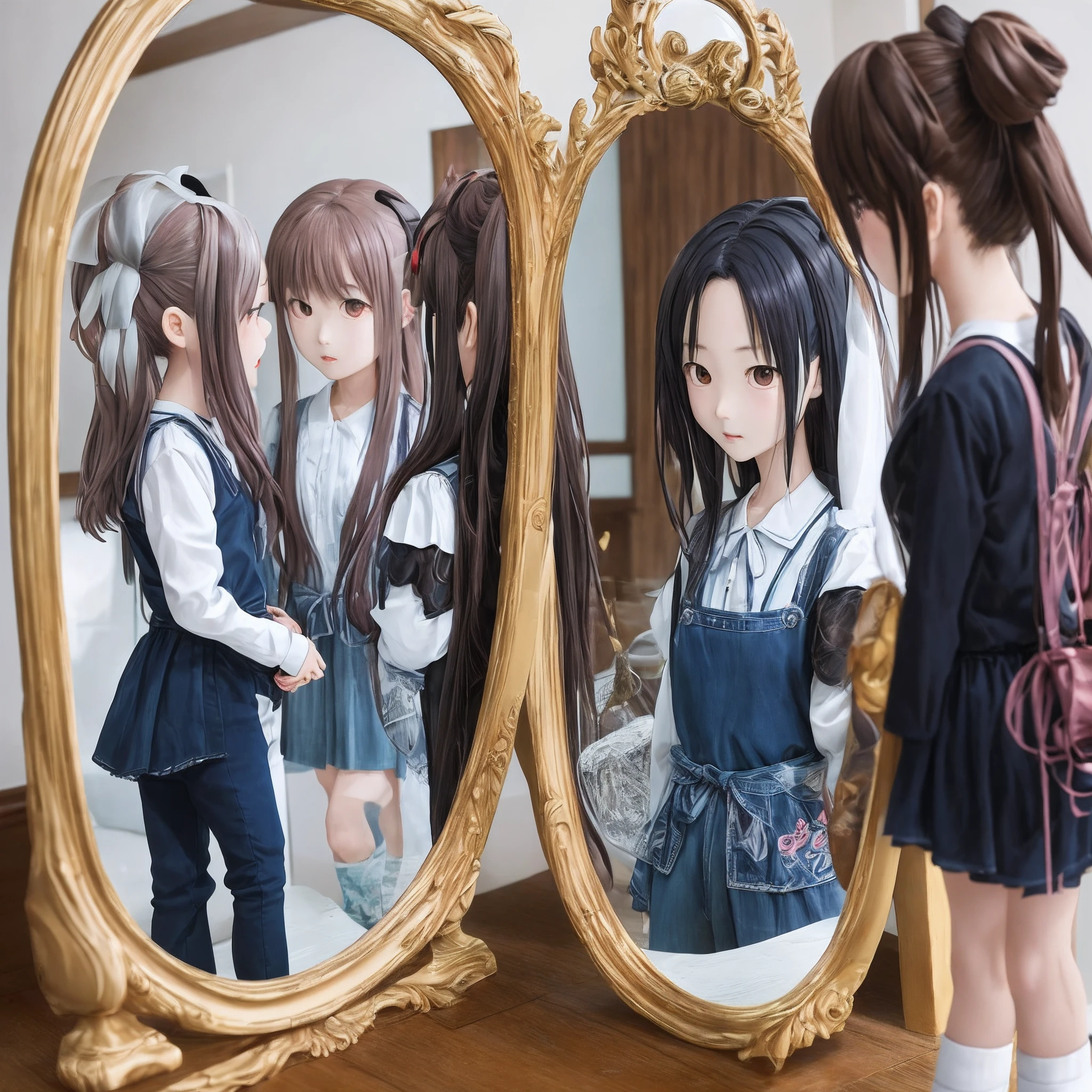 anime figure，The two girls face each other and have a mirror in the middle，The color is cool。