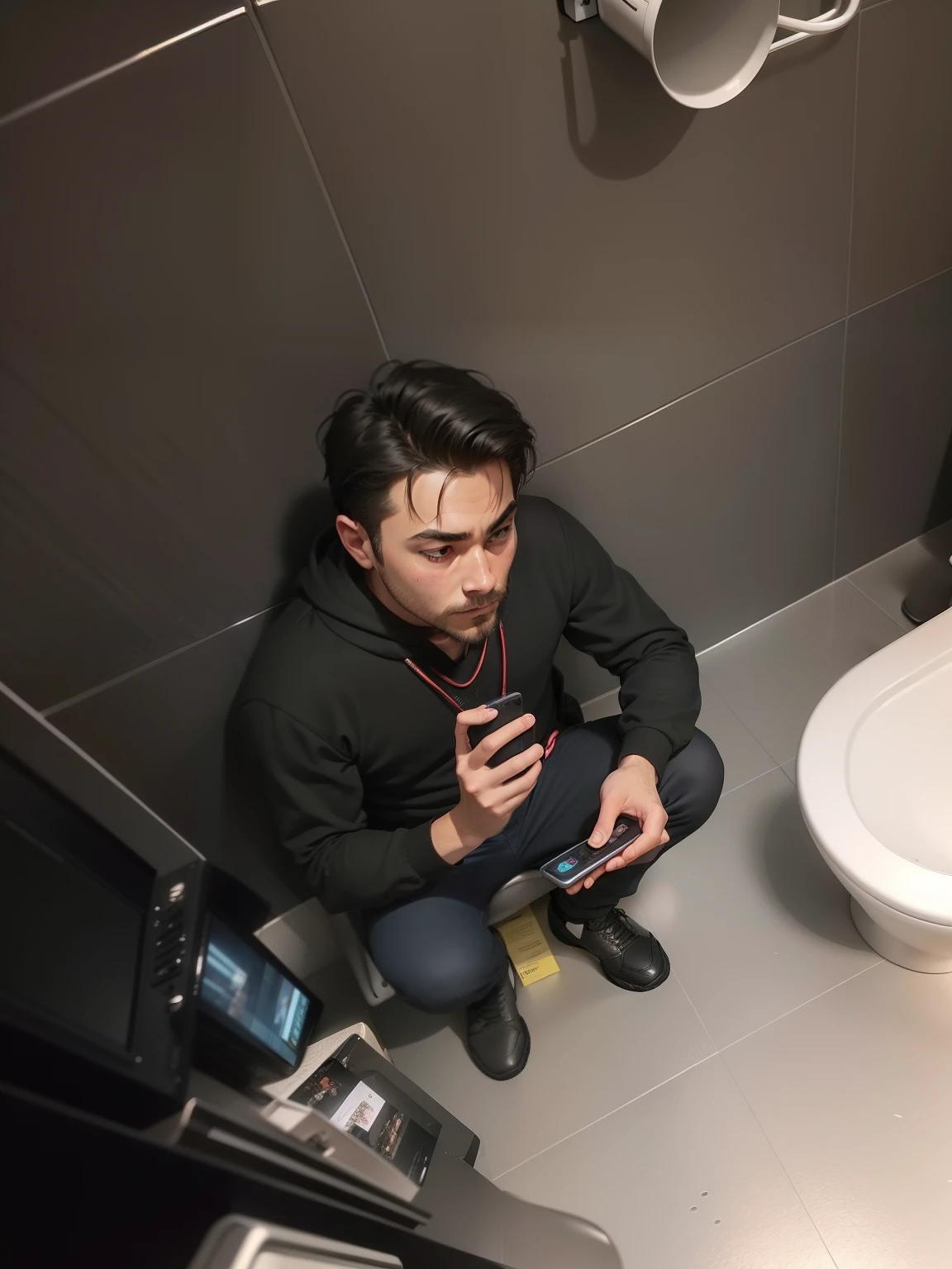 Arafeld man sitting on bathroom floor with cell phone, siting on a toilet, looking at his phone, photograph taken in 2 0 2 0, gaming chair as a toilet, in bathroom, in bathroom, very very low quality picture, gaming toilet, taken with sony alpha 9, high quality upload, leaked photo