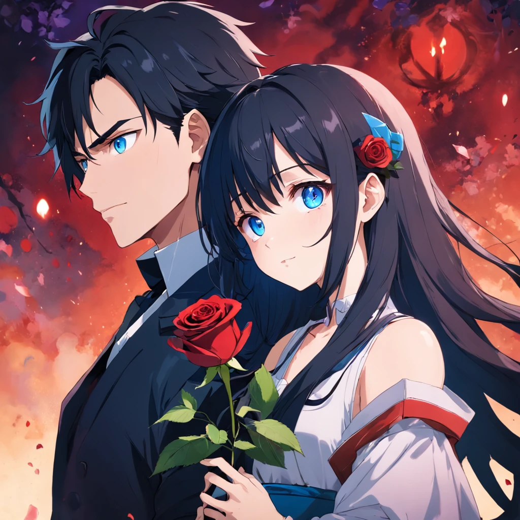 brunette color hair, Handsome guy with red eyes,Holding roses,courtship,Black-haired and blue-eyed girl