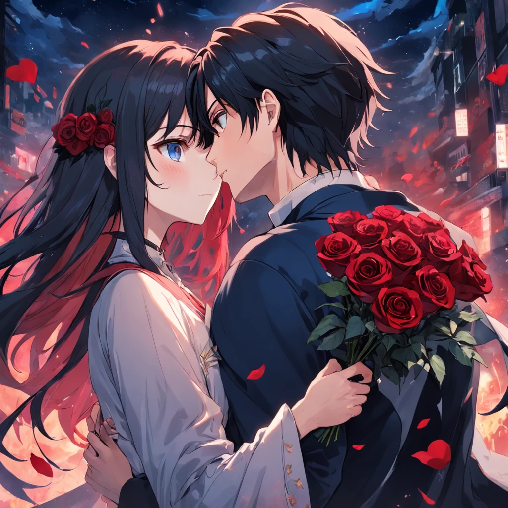 brunette color hair, Handsome guy with red eyes,Holding roses,courtship,Black-haired and blue-eyed girl
