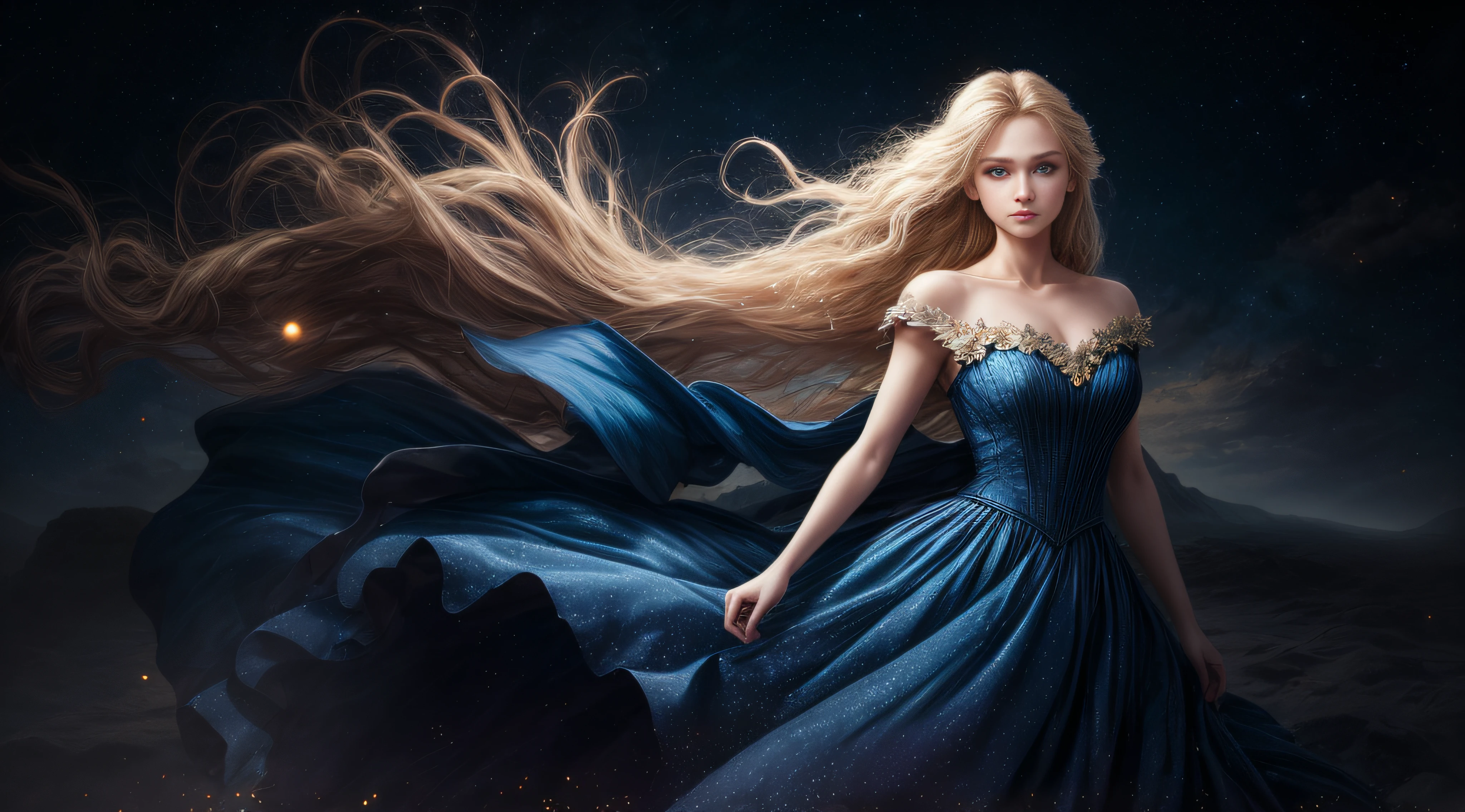 (best quality, masterpiece), young woman, pose, particle, wind, flower, upper body, night eclipse background, looking at viewer, long straight windblown blonde hair, detailded blue eyes, medieval princess blue dress, galaxy, backlit, rimlight, beautiful artwork, perfect composition