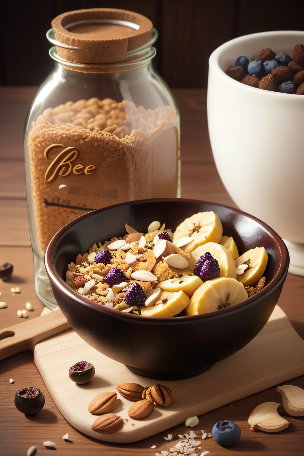 Nut cereal,Medium fat cocoa powder.Pumpkin seeds.Bee dense.coconut oil.Monk fruit is sweet and sweet.Roasted cashews.Coconut crisps.Banana chips.Roasted almonds.Dried blueberries.Green raisins.Cereal combination,White bowl,Heartwarming scene