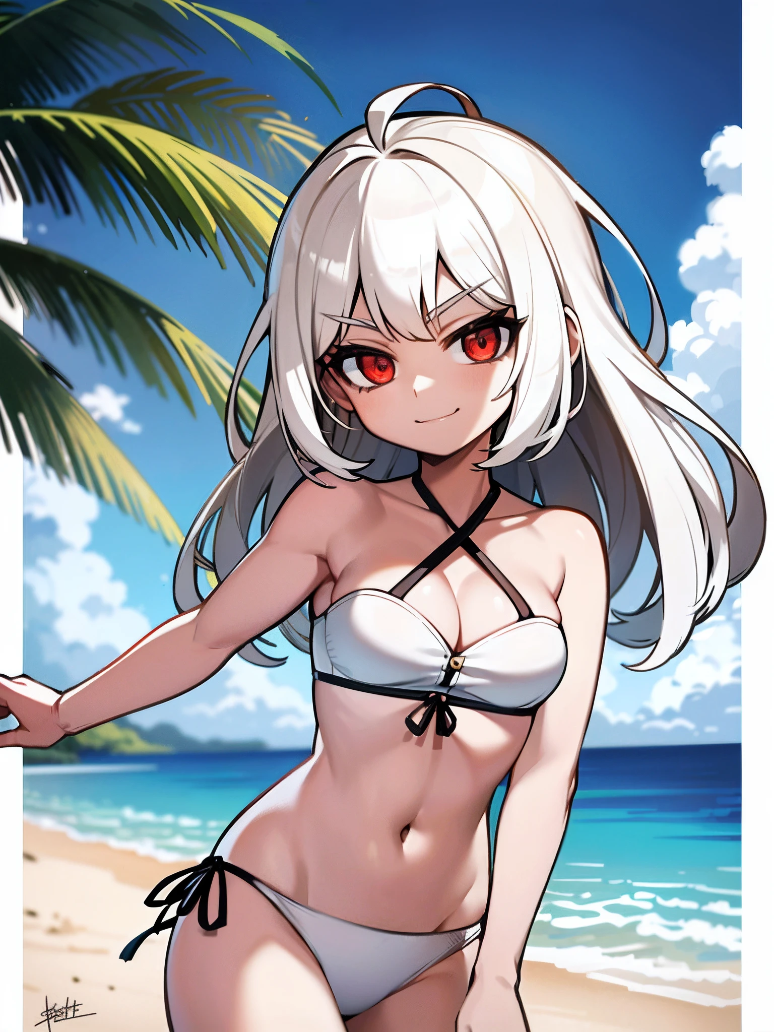 ((Masterpiece, Best quality)), (1girll), (Solo), (female focus), (ahoge, White hair, Short hair), Black eyes, Light smile, Open mouth, ((White shirt), (Buttoned shirt ), (Button gaps)), ((white under lingerie,pantiess), standing on your feet, White background, Behind the left arm,Right arm bandeau, dynamic angle,white panties, Long hair, Bikini, swim wears, front-tie top, halter neck, swim wears, standing on your feet, Bikini panties, Breasts, navel, Smile, view the viewer, Show bikini tops, beach, criss-cross halter, pantiess, Brown hair, White bikini, cleavage, Medium breasts, water, Outdoors, kneesup, 鎖骨, stomach, Very long hair, cutoffs, Ocean, day, open fly, Bare shoulders, midriff, Red eyes, arm belt, Thighs, (:3:1.1)