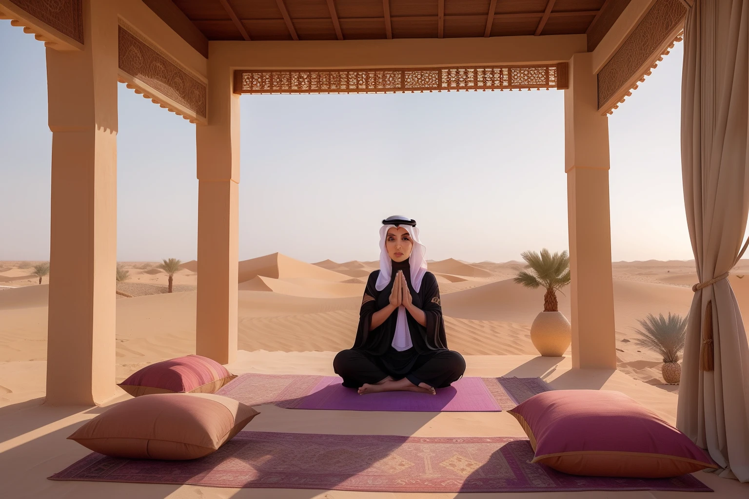 Year: 2019
Country: Qatar
Description: At a luxurious desert retreat just outside Doha, an adult woman dressed in a flowing abaya practices yoga on a private terrace overlooking the sand dunes. The warm desert hues blend with the pastel colors of the cushions and drapes, creating a serene and harmonious atmosphere.