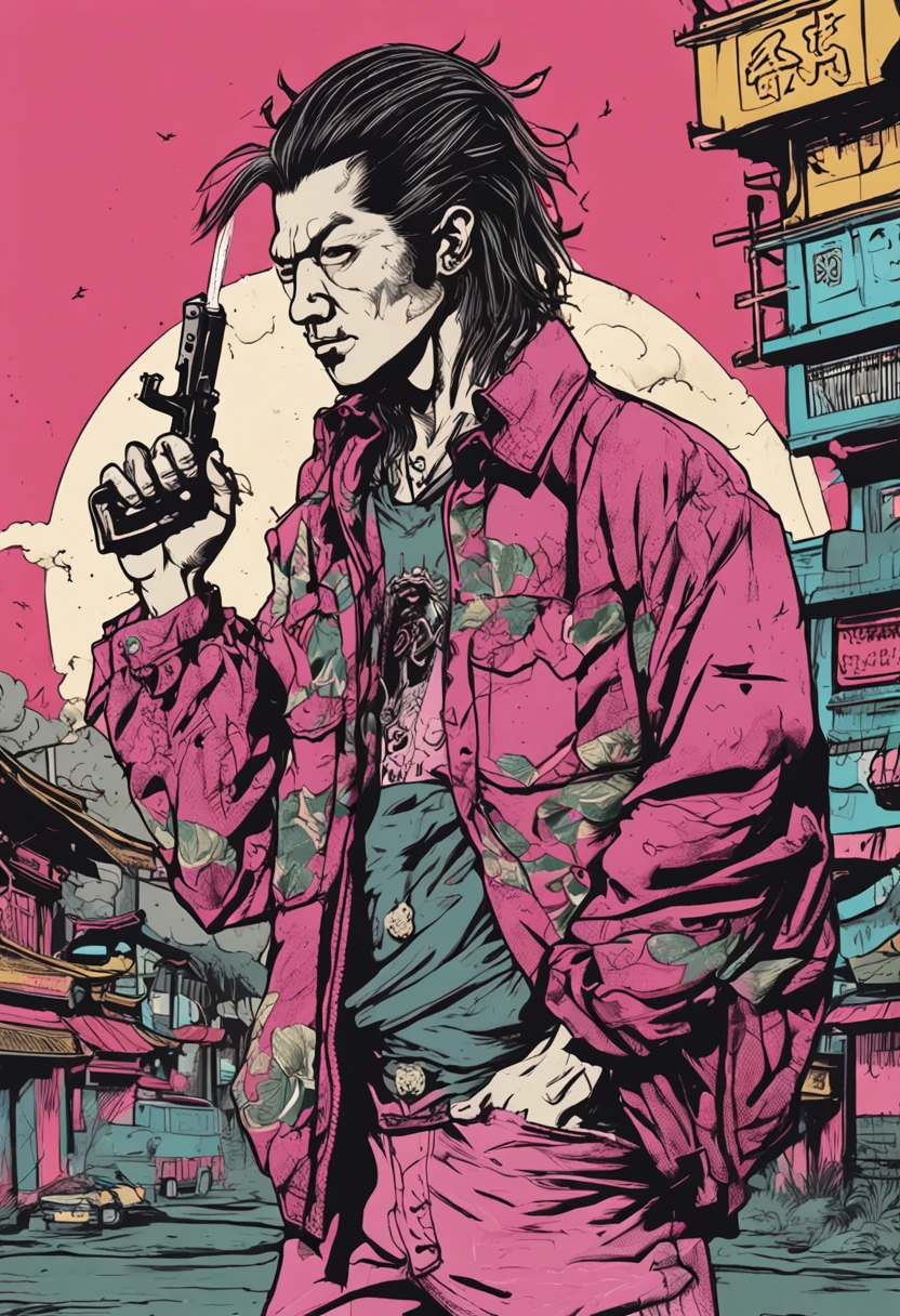 shirt print, tertiary colors, In a Japanese city in the 90s, there was long shiny black hair, young punk, yakuza appearance, cool clothes, undergrond punk yakuza style, evil smile, evil gaze, teenager, water paint, look at you with big eyes, one hand with a cigarette in the mouth, and another hand with a gun, a japanese toril bow with sakuras and a moon in the background, full moon, tertiary colors