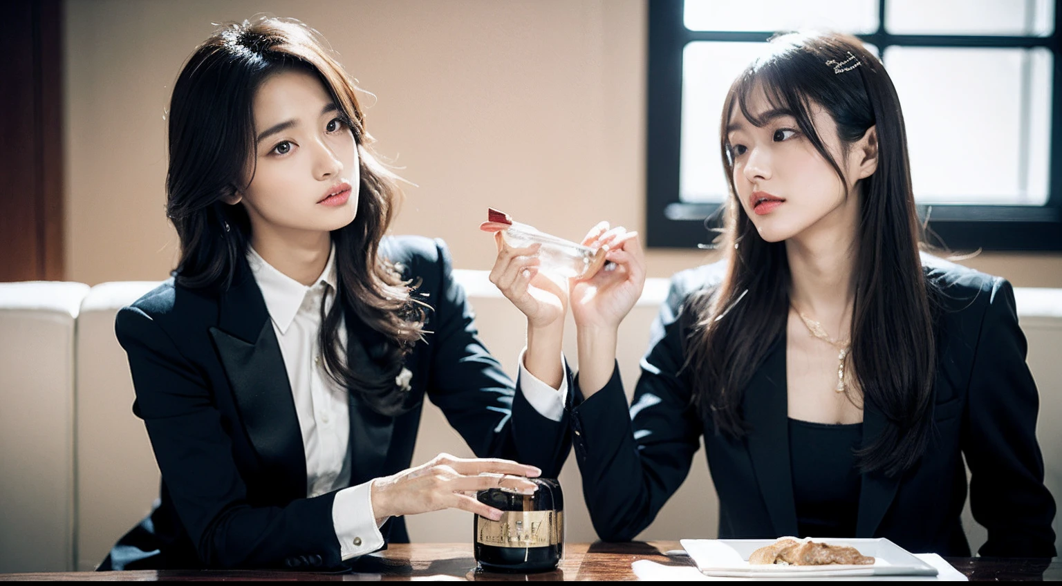 (femele１、Young handsome man１、top-quality、8K、32K、​masterpiece、nffsw:1.2)、Photo of a cute Japanese woman、large full breasts、long、The upper part of the body、sface focus、Inside the Host Club、Downlight、Sit on the sofa、Next door is the host、drinking champagne、Angel Champagne、looking at the viewers、Man Suits