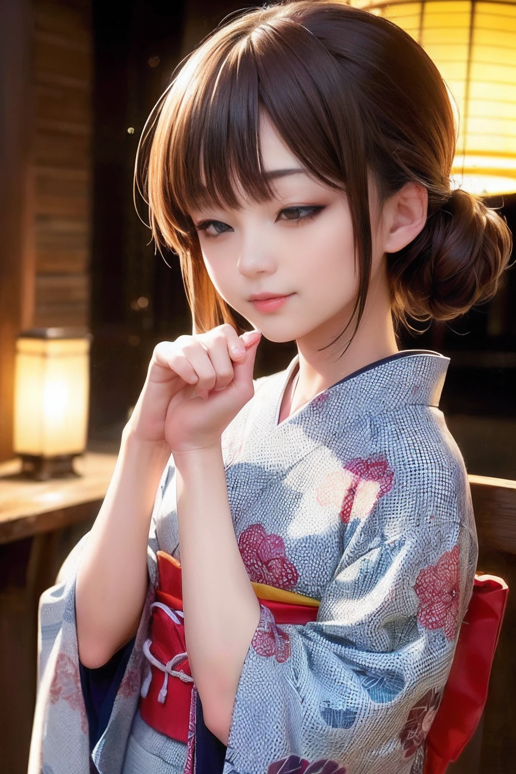 Upper body from the waist up、Are sleeping、nap、(Sleeping with your eyes closed)、(4In K、masterpiece、hight resolution、Realistic and beautiful light and shadow、One girl、Solo Focus、(top-quality)、(Hi-Res)、(extremely delicate and beautiful)、(Beautiful 8k face)、(Brown-eyed)、(I close my eyes while smiling.)、(独奏)、(Clear skin)、(Soft hair)、(hugetits)、(Plaid kimono, Red and blue floral yukata)、((Awa Odori Pose))、((Bokeh lantern light night background))、((speedo))、(reality)、thin and small nose、(red lipsticks)、(Reddening cheeks)、poneyTail、(Lustrous skin)、((Ukiyo-e style))、Ultra-thin eyebrows、Ultra high image quality、(Wearing maiko-style makeup)、skin whitening、long and beautiful lashes、Turning around in the style of a Kyoto magazine model、((s asleep))、Lustrous skin、(Red-dyed cheeks)