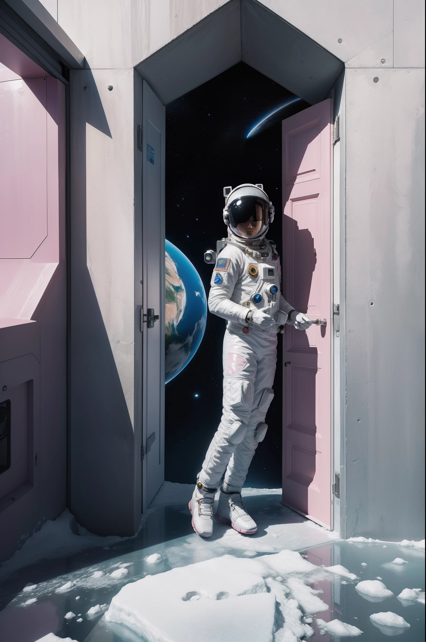 (The ice planet has only one simple pink door: 1.4), (An astronaut in a white spacesuit emerges from a slightly open door: 1.6), World of ice and rock, ( 8K, 16 K, super detailed, High resolution), (of the highest quality, High quality, masutepiece: 1.4, Anatomically correct), portal to outer space, surreal illustration, Detailed fingers