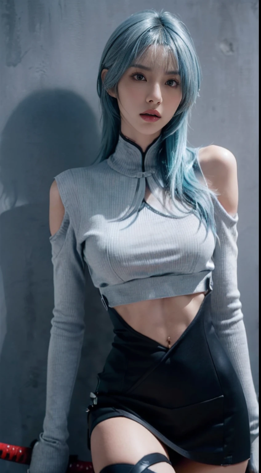 (8K, Top quality, Intricate details, Ultra detail, 超高分辨率, Masterpiece), full bodyesbian, 1girll, Solo, 1 girl, ((Random angles)), ((Small beauty hard )),, ((Tall girl, Skinny, Slim, Tall and lean)), (((fit body))), (((Slim face))), sharpy face, Sharp eyes, (((skyblue hair, Long hair, bangs)) Small lips, Long hair, ((Sexy samurai, mitts, short skirt, Holding a katana)), Detailed face, detailed breast, Beautiful girl with accentuated slender abs: 1.4, sixpack abs: 1.4, Bust Botox, Big, Perfect body, Detail legs, Background: Simple gray wall,Deep Shadows,