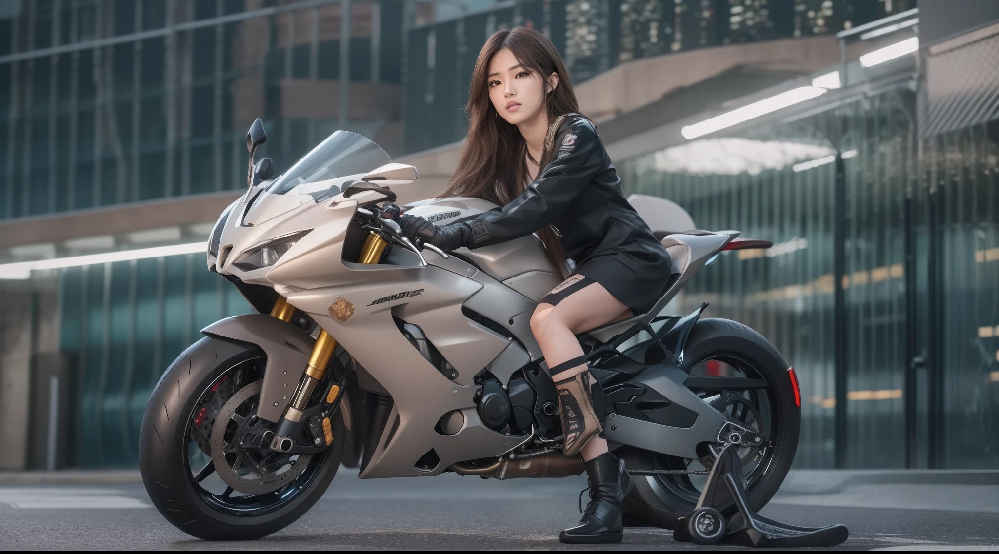 Black tight bike suit, Cyber city at night, Very detailed, 8kのVery detailedな顔, perfect face shape, Perfect Lips, Perfect Nose, Correct beautiful eyes, Audience, masterpiece, highest quality, ２８Old woman, alone、Straddling a motorcycle、whole body、Long legs

