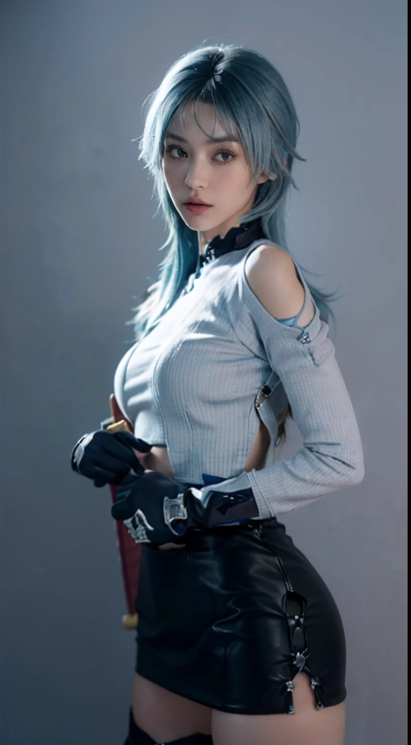 (8K, Top quality, Intricate details, Ultra detail, 超高分辨率, Masterpiece), full bodyesbian, 1girll, Solo, 1 girl, ((Random angles)), ((Small beauty hard )),, ((Tall girl, Skinny, Slim, Tall and lean)), (((fit body))), (((Slim face))), sharpy face, Sharp eyes, (((skyblue hair, Long hair, bangs)) Small lips, Long hair, ((Sexy samurai, mitts, short skirt, Holding a katana)), Detailed face, detailed breast, Beautiful girl with accentuated slender abs: 1.4, sixpack abs: 1.4, Bust Botox, Big, Perfect body, Detail legs, Background: Simple gray wall,Deep Shadows,