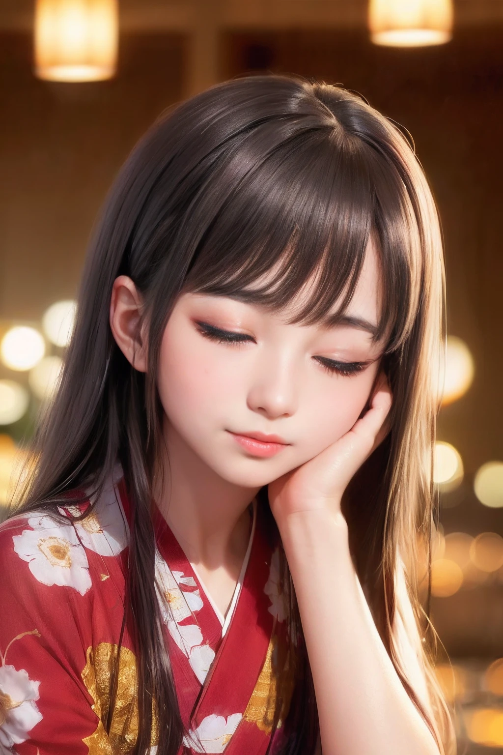 Upper body from the waist up、Are sleeping、nap、(Sleeping with your eyes closed)、(4In K、masterpiece、hight resolution、Realistic and beautiful light and shadow、One girl、Solo Focus、(top-quality)、(Hi-Res)、(extremely delicate and beautiful)、(Beautiful 8k face)、(Brown-eyed)、(I close my eyes while smiling.)、(独奏)、(Clear skin)、(Soft hair)、(hugetits)、(Plaid kimono, Red and blue floral yukata)、((Awa Odori Pose))、((Bokeh lantern light night background))、((speedo))、(reality)、thin and small nose、(red lipsticks)、(Reddening cheeks)、poneyTail、(Lustrous skin)、((Ukiyo-e style))、Ultra-thin eyebrows、Ultra high image quality、(Wearing maiko-style makeup)、skin whitening、long and beautiful lashes、Turning around in the style of a Kyoto magazine model、((s asleep))、Lustrous skin、(Red-dyed cheeks)