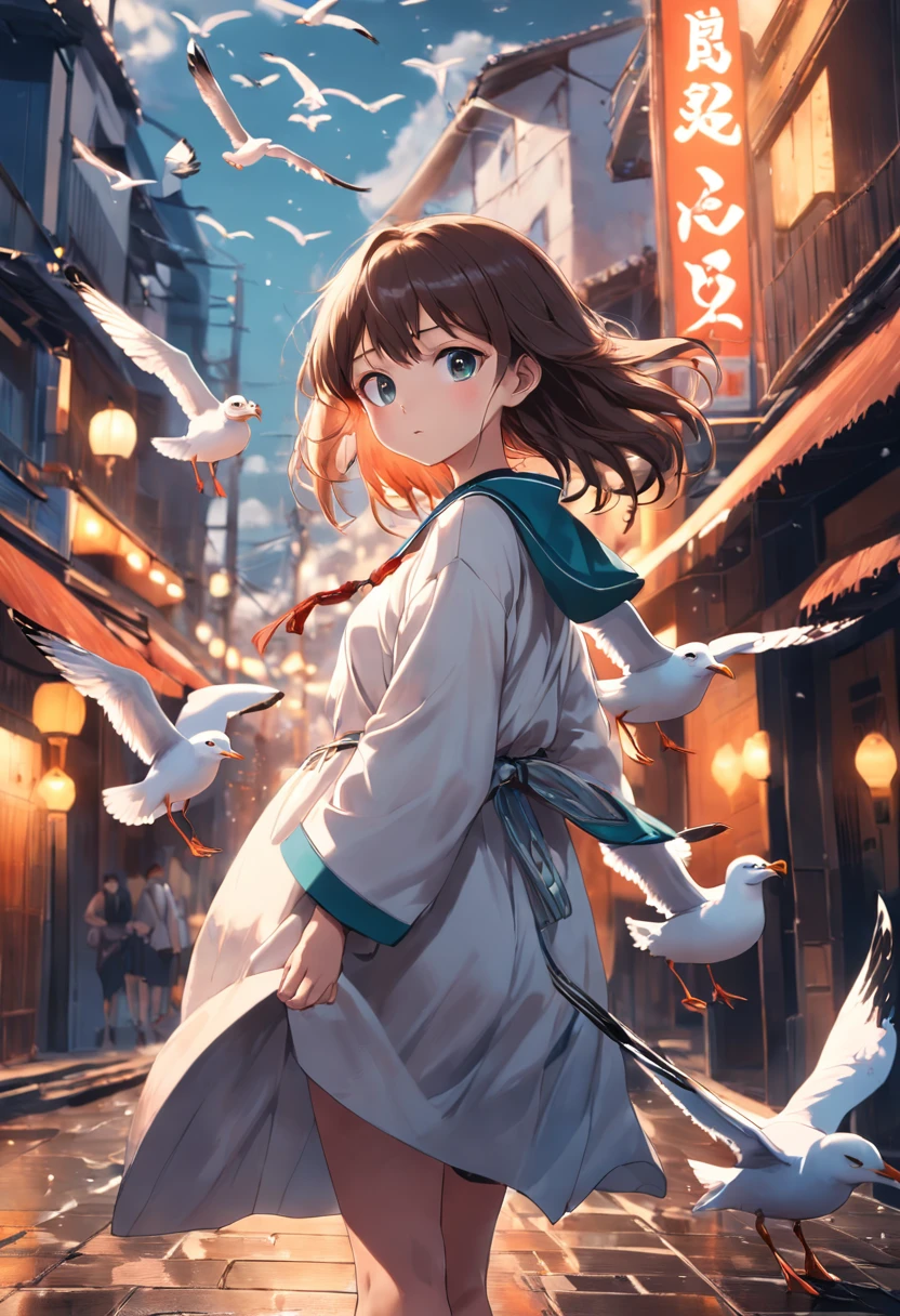 Seagulls are humane，ancient wind，komono，Streets，a beauty girl