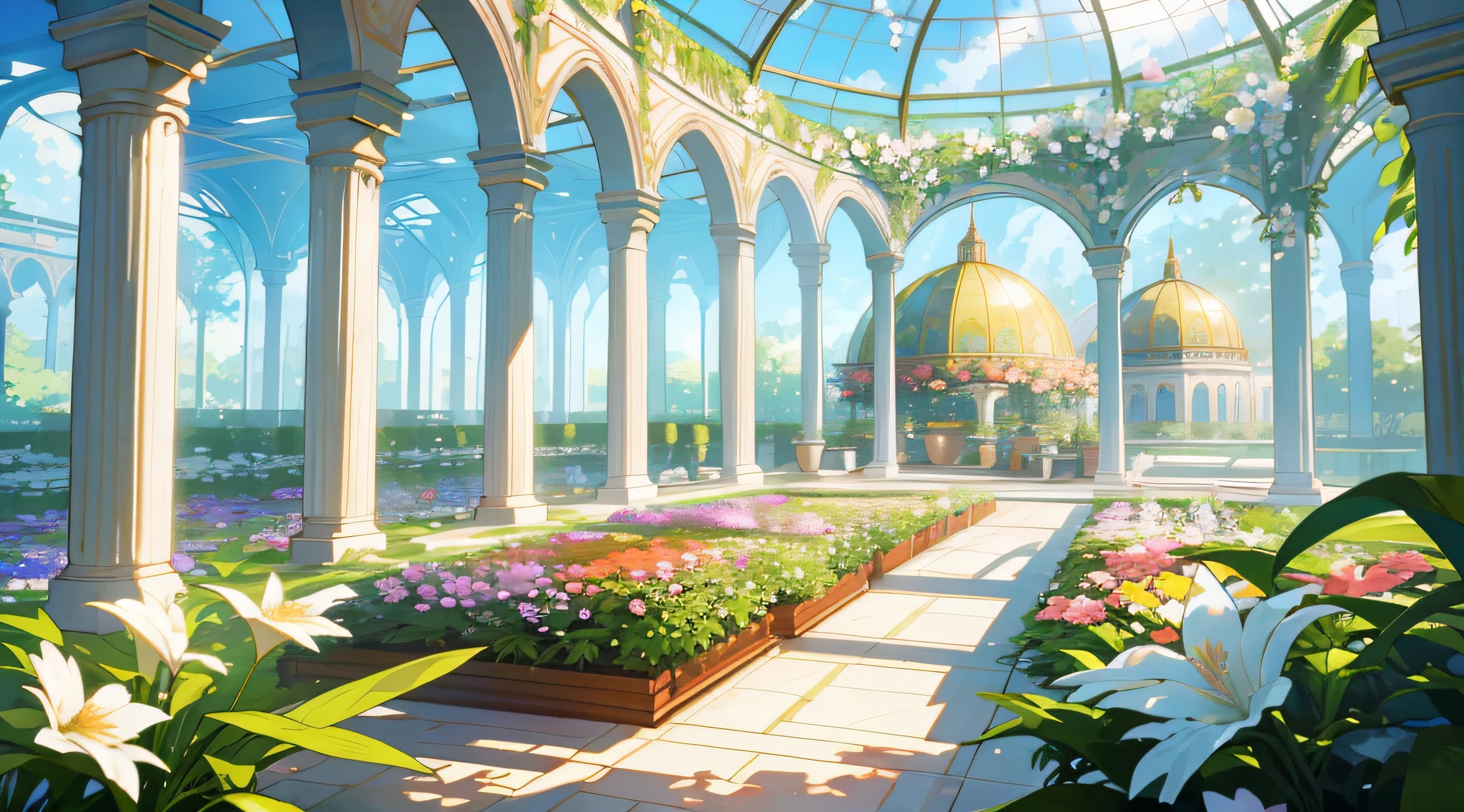 (top quality, masterpiece, ultra-realistic), indoor botanical garden, dome, lots of flowers, background landscape is a garden with petals and papas flying around. --v6