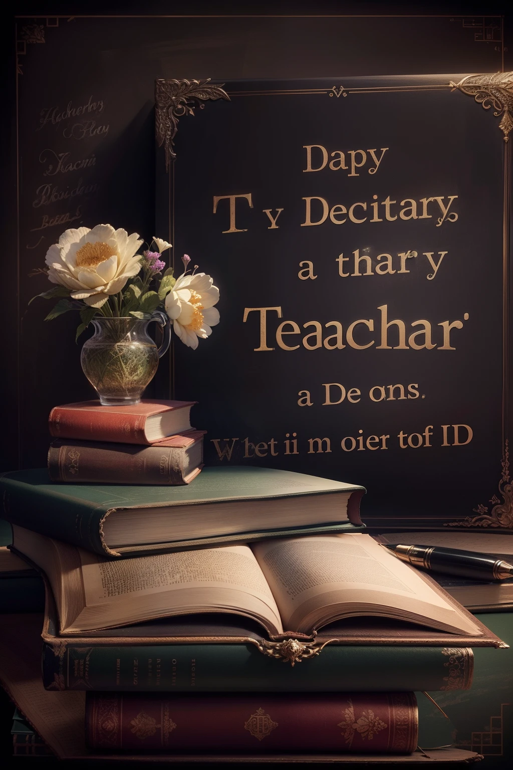 one book, an open book, Blackboard background, It says Teacher's Day on the blackboard, A pen on the book, A stack of books, UHD, retina, masterpiece, anatomically correct, super detail, high details, high quality, award winning, best quality, ccurate