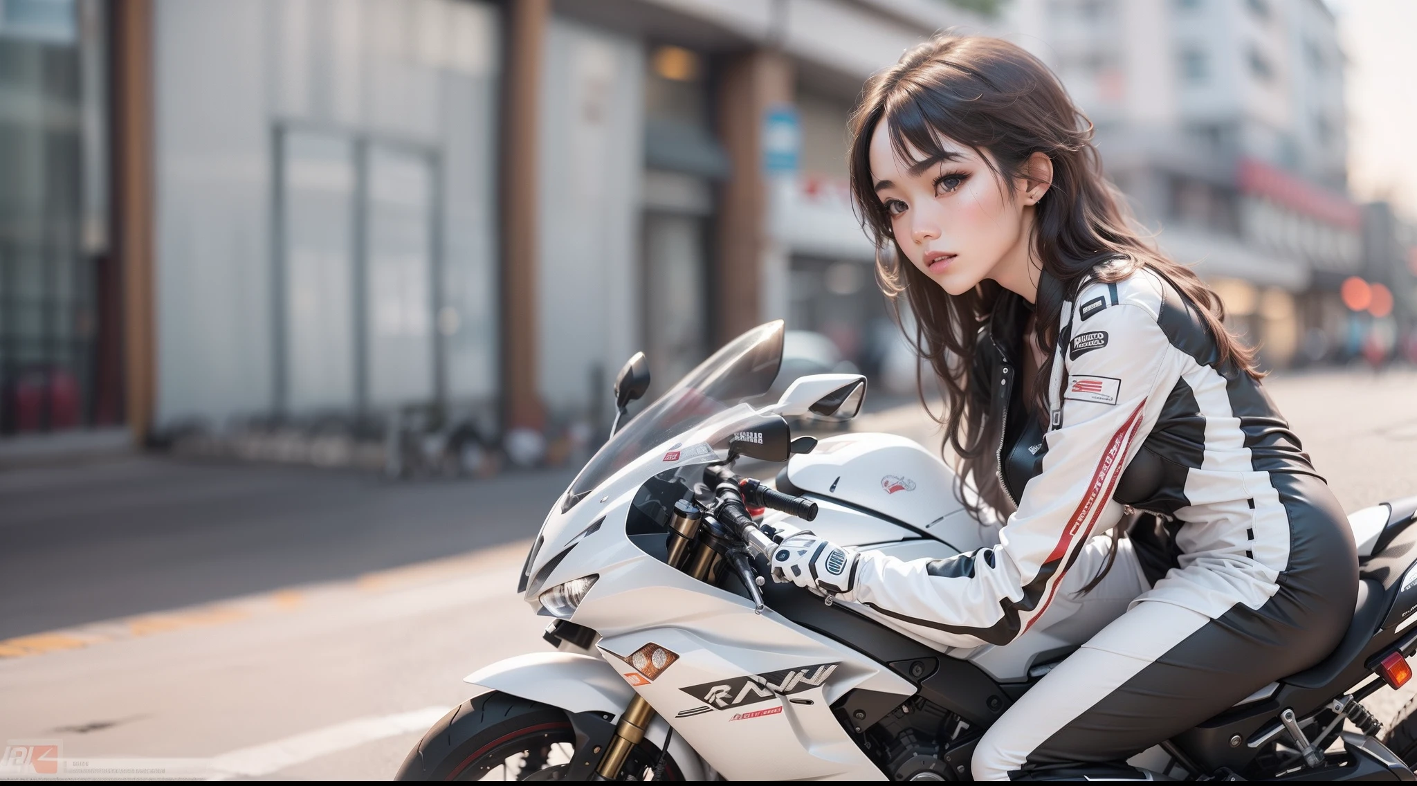 Raw Photo,4k best Quality,Japanese model girl,(High Detailed eye, High Detailed nose, Ivory Skin, Realistic, Brown Long Hair,Emo Curl Style Hair,Slim body Shape, Sports Type Dress,)Full Suit,NSFW,She Ride a Motorcycle at Road,(Yamaha R6 Motorcycle, Sponsored by Yamalube,Model 2021,),City Blur Background, Shadow Cenimatic Lighting, masterpiece,