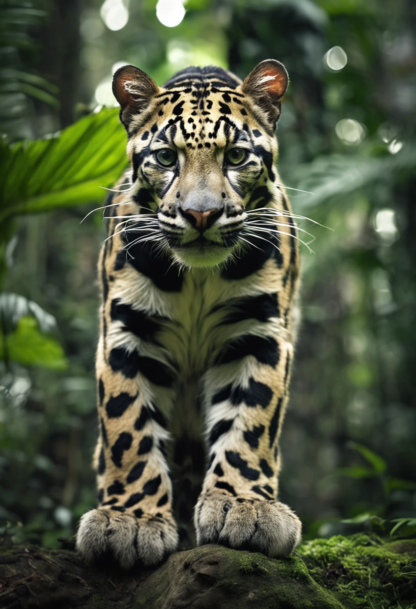 High nation-geographic symmetrical close-up portrait shoot in green jungle of an expressive Clouded Leopard, anamorphic lens, ultra-realistic, hyper-detailed, green-core, jungle-core –ar 16:9 –q 2 –v 5