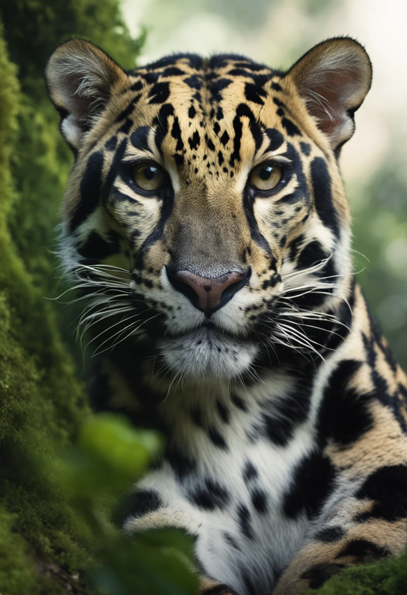 High nation-geographic symmetrical close-up portrait shoot in green jungle of an expressive Clouded Leopard, anamorphic lens, ultra-realistic, hyper-detailed, green-core, jungle-core –ar 16:9 –q 2 –v 5