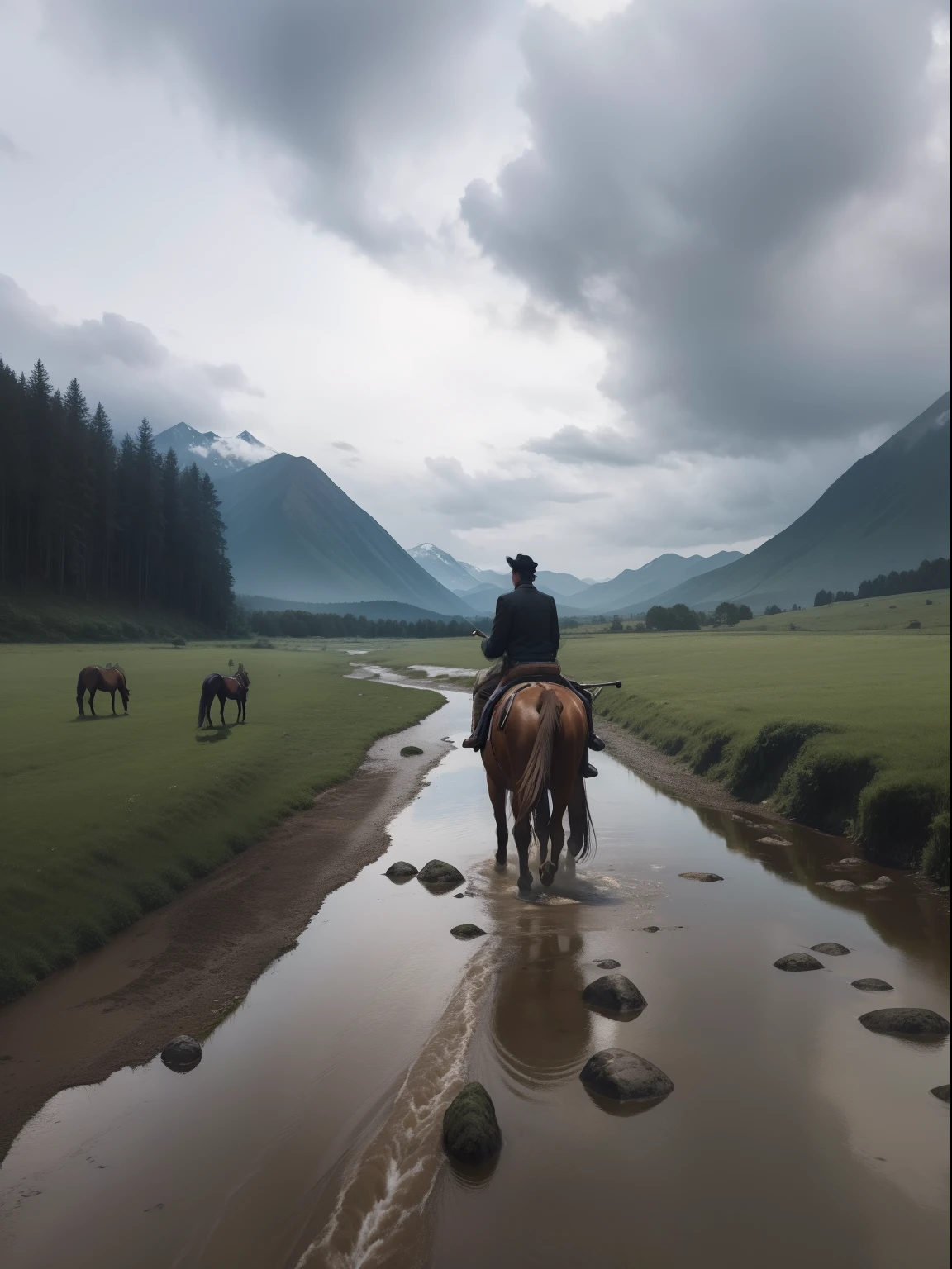 A handsome boy rides a horse in the middle of a stream,There is a lot of grass and animals around,Further afield there are mountains,surrounded by cloud,The environment is humid