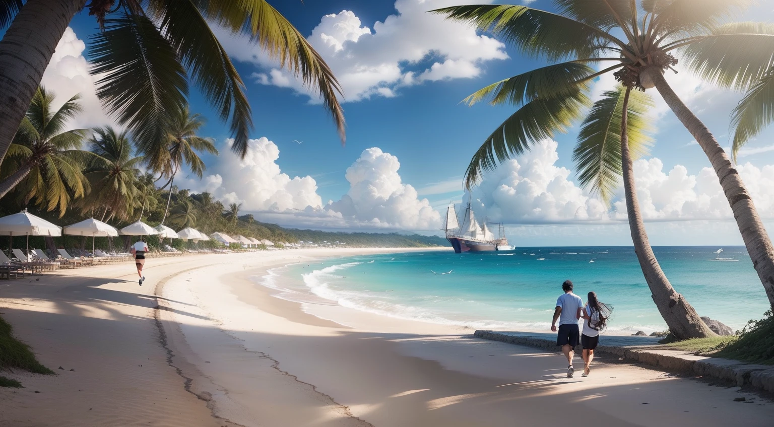 Take a walk along the Caribbean coast,The wind swayed,A tourist sings,One person jogging,There is a seabird in the sky,There are ships in the distance。