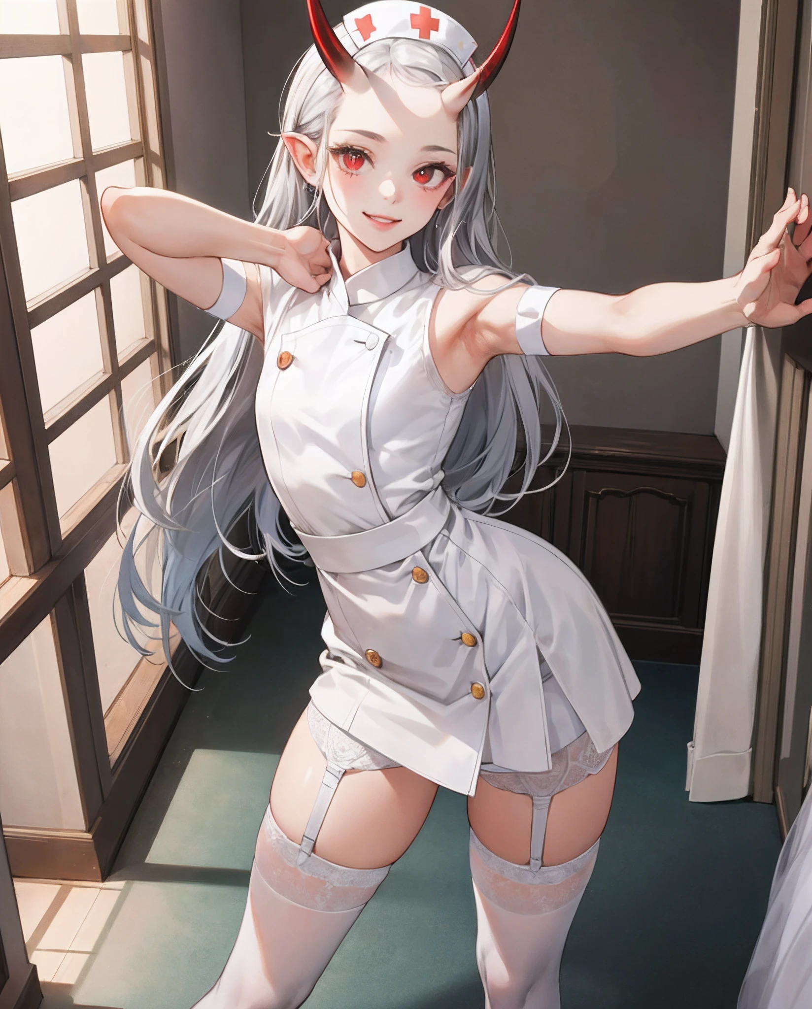 16k,{{{masterpiece}}}, {{{best quality}}}, {{ultra-detailed}}, {illustration}, {{an extremely delicate and beautiful}},
((1Girl I'd Like to )), (((forehead horns+++))), (()), ((red eye)), very smile, full body, small breasts, ((silver long hair)), (arm raised in the up), armpit focus, ((((very open stance+++)))),curvy body, ((white nurse)), ((white nurse dress wear+++)), ((((())))), (((white garter belt))),patient’s room