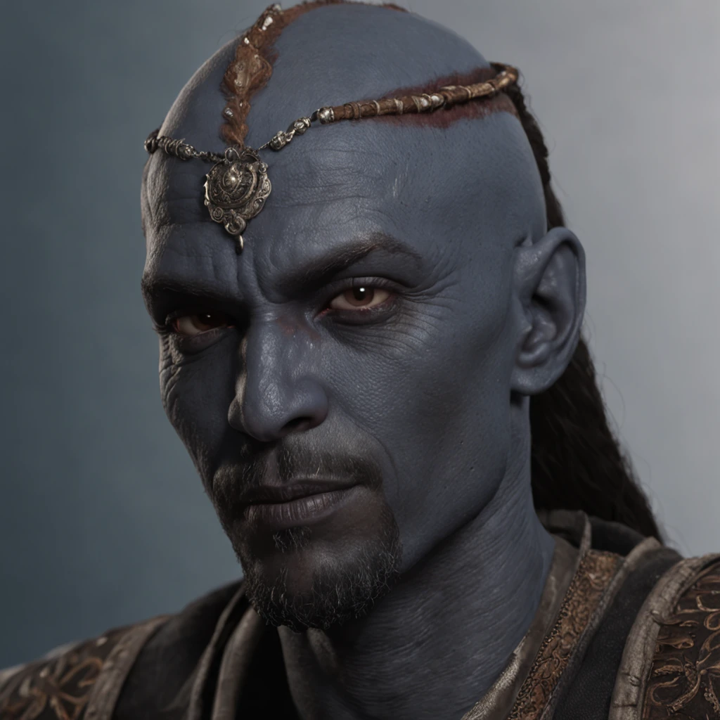 tes. dunmer. male. bald hair, dark-blue skin. dark-grey skin. ashen skin. red eyes. beard. photorealistic. bright oriental clothes