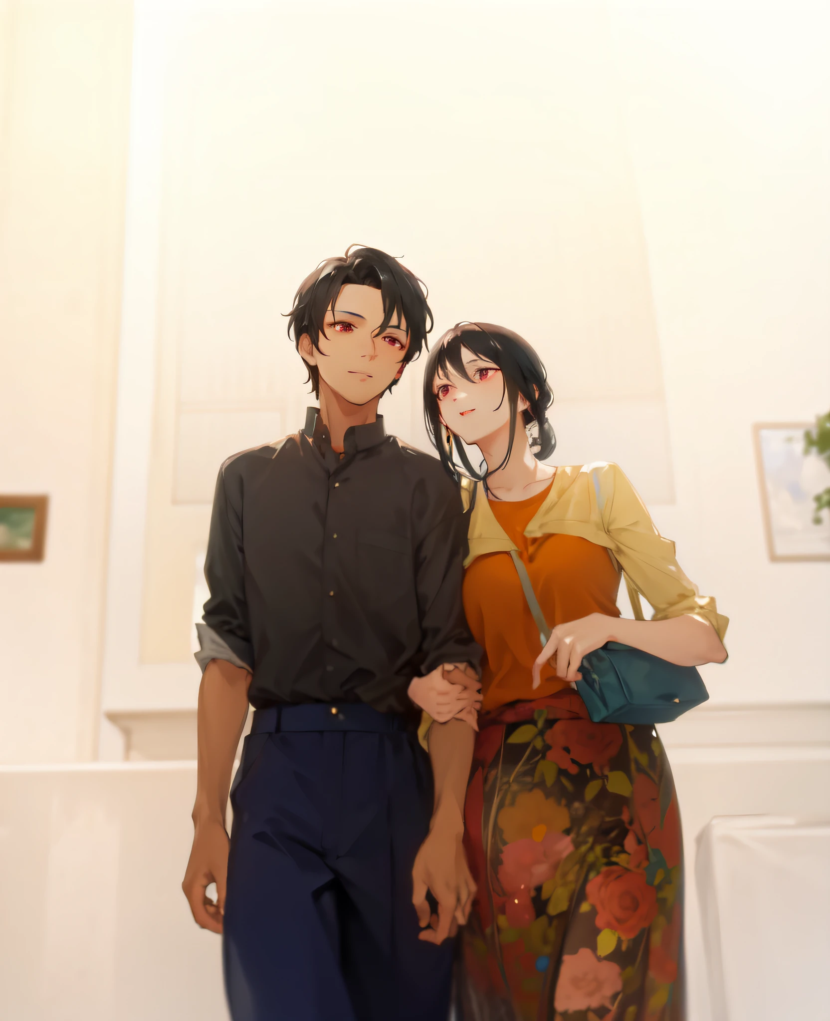 4k romantic scene: mature couple in a romantic act. The man has black hair and blue eyes, while the woman has tied black hair and red eyes.