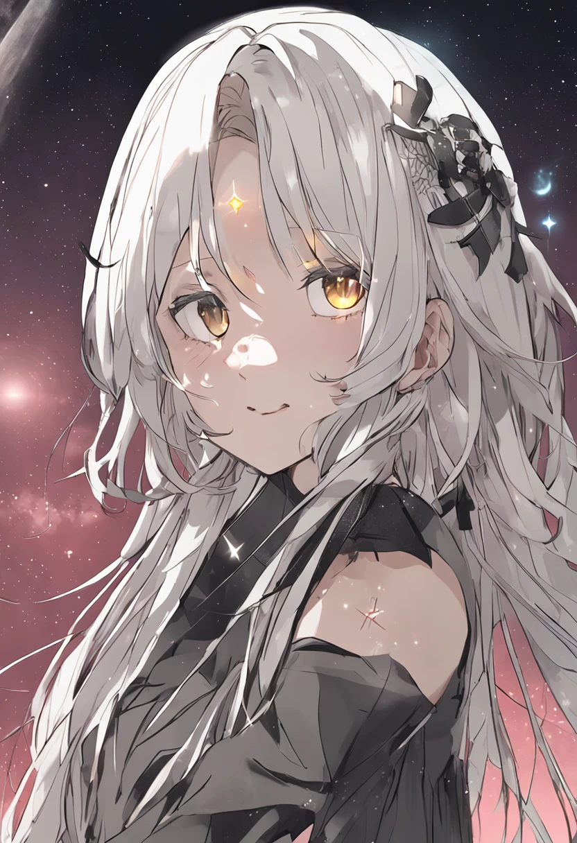 absurderes、hight resolution、(Official Art、Beautifully Aesthetic:1.2)、(Close View:1.15)、 (1girl in、White hair、Hair in the middle、yellow eyes、radiant eyes、Black Long Dress)、simple background、(starrysky)、(nigh sky)、(starrysky)