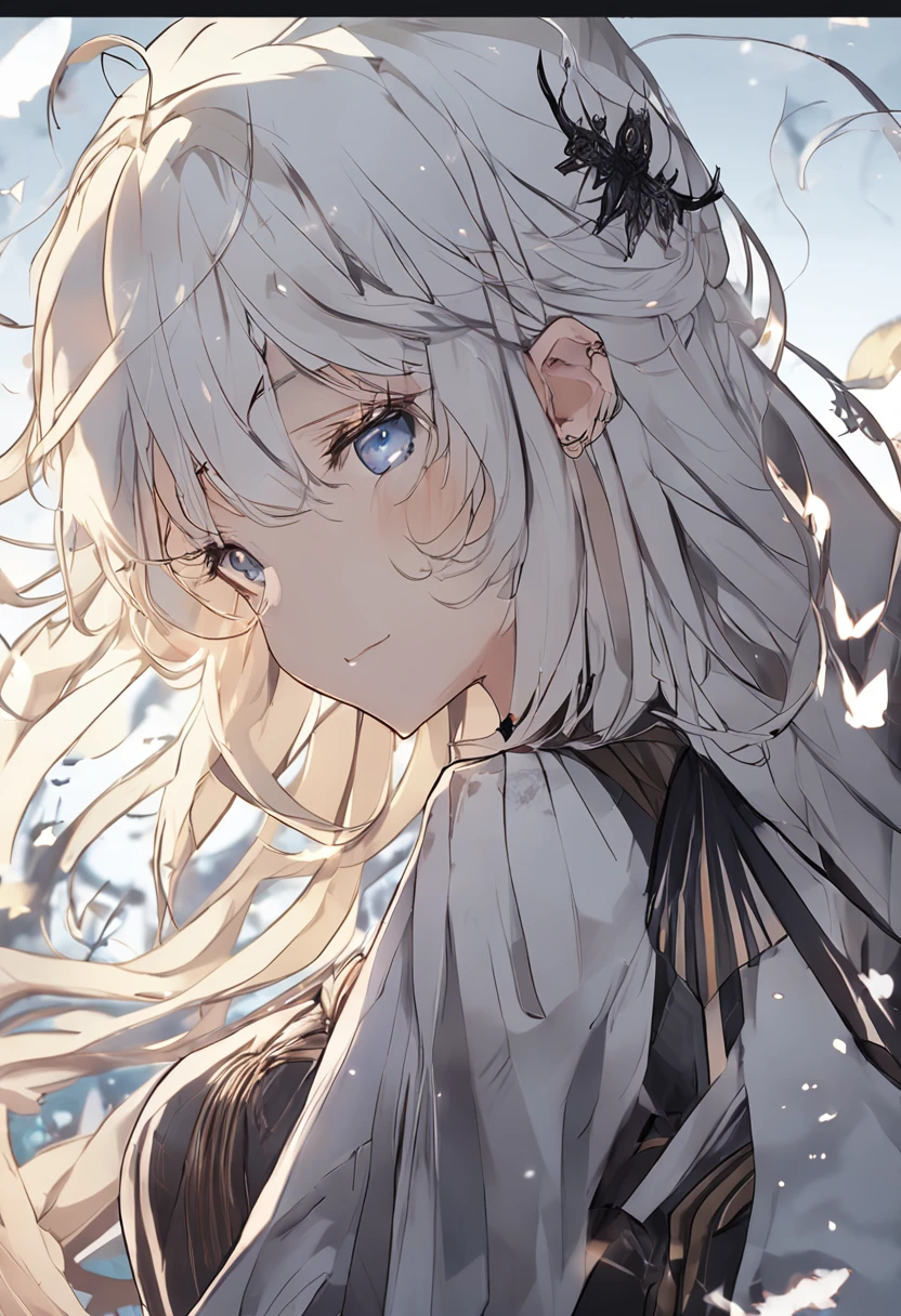 absurderes、hight resolution、(Official Art、Beautifully Aesthetic:1.2)、(Close View:1.15)、 (1girl in、White hair、Hair in the middle、yellow  eyes、radiant eyes、Black Long Dress)、simple background、（starrysky）、（nigh sky）、（starrysky）