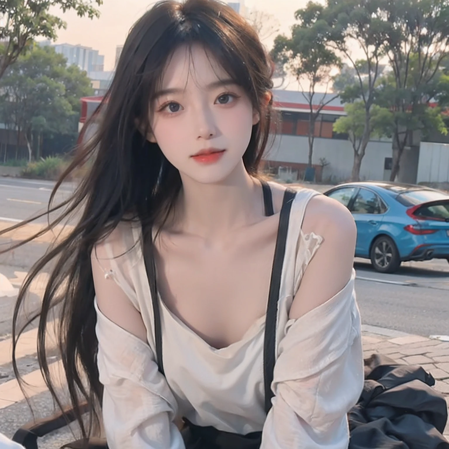 top-quality、a beauty girl、Long silky straight black hair、Slender body、Beautiful black eyes、Smaller chest、Simple light blue dress、