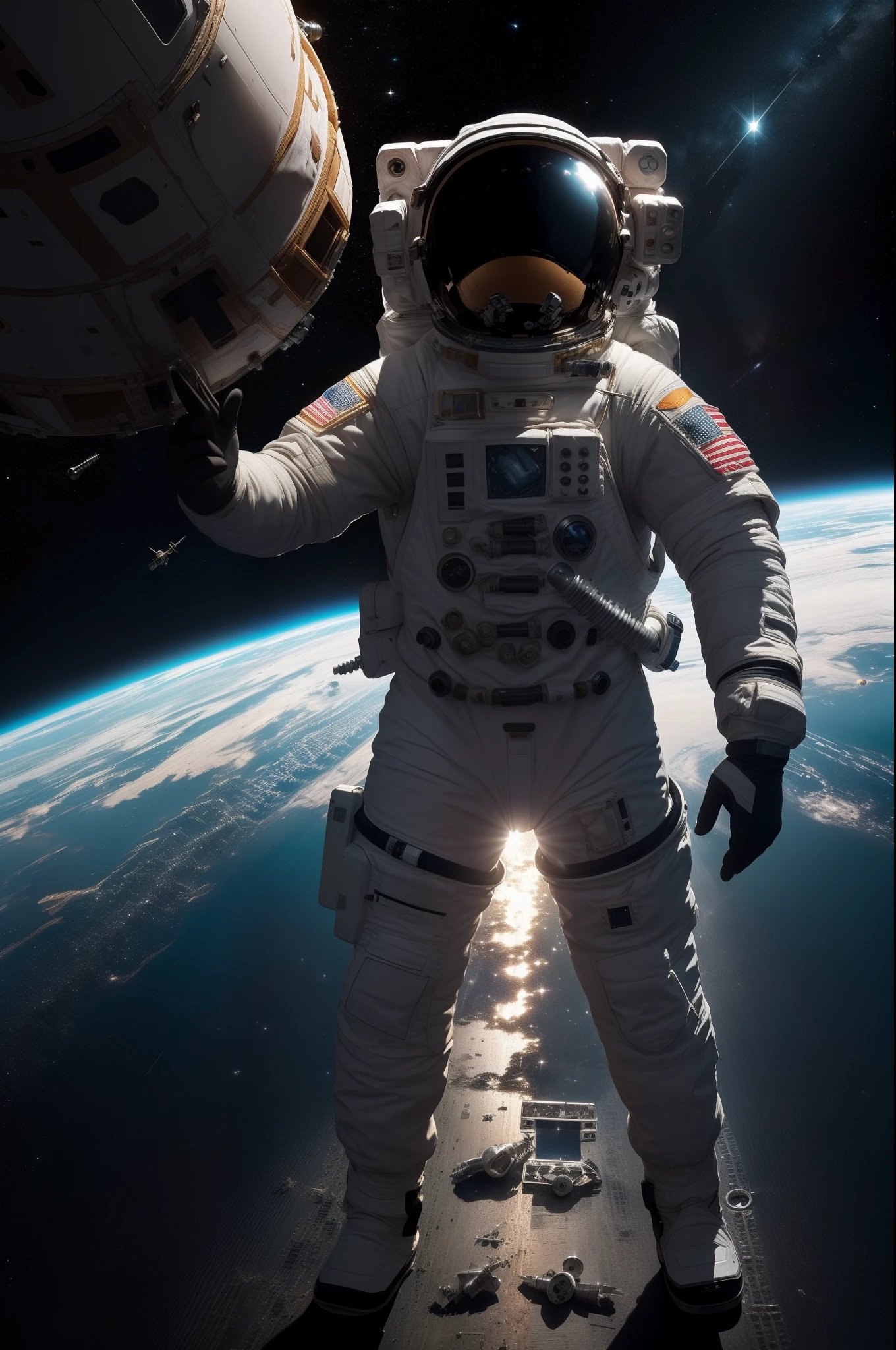 (Picking up garbage in space:1.2),(Trying to grab a screw floating in space:1.5),Interstellar flight, Galaxy, space suits, Space Junk, (Spacewalk in spacesuit:1.3), Crew connected to the spacecraft by cable, (Space debris floating in space:1.1), Screws floating in space, Stars move, 8K, 16 K, Super Detail, high details, Best Quality, hight resolution, High quality, masutepiece, Anatomically correct, nffsw