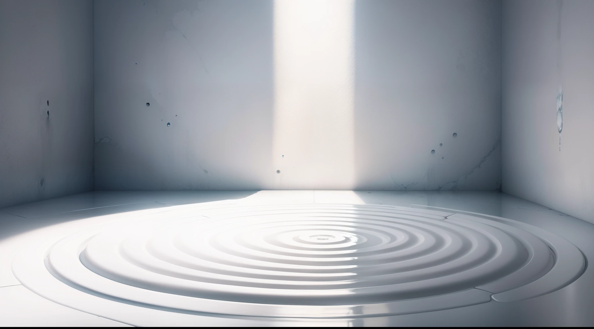In front of the white wall there is a puddle of water,The level is slightly undulating, splashing a few droplets of water, and there is a small white round table in the middle of the water