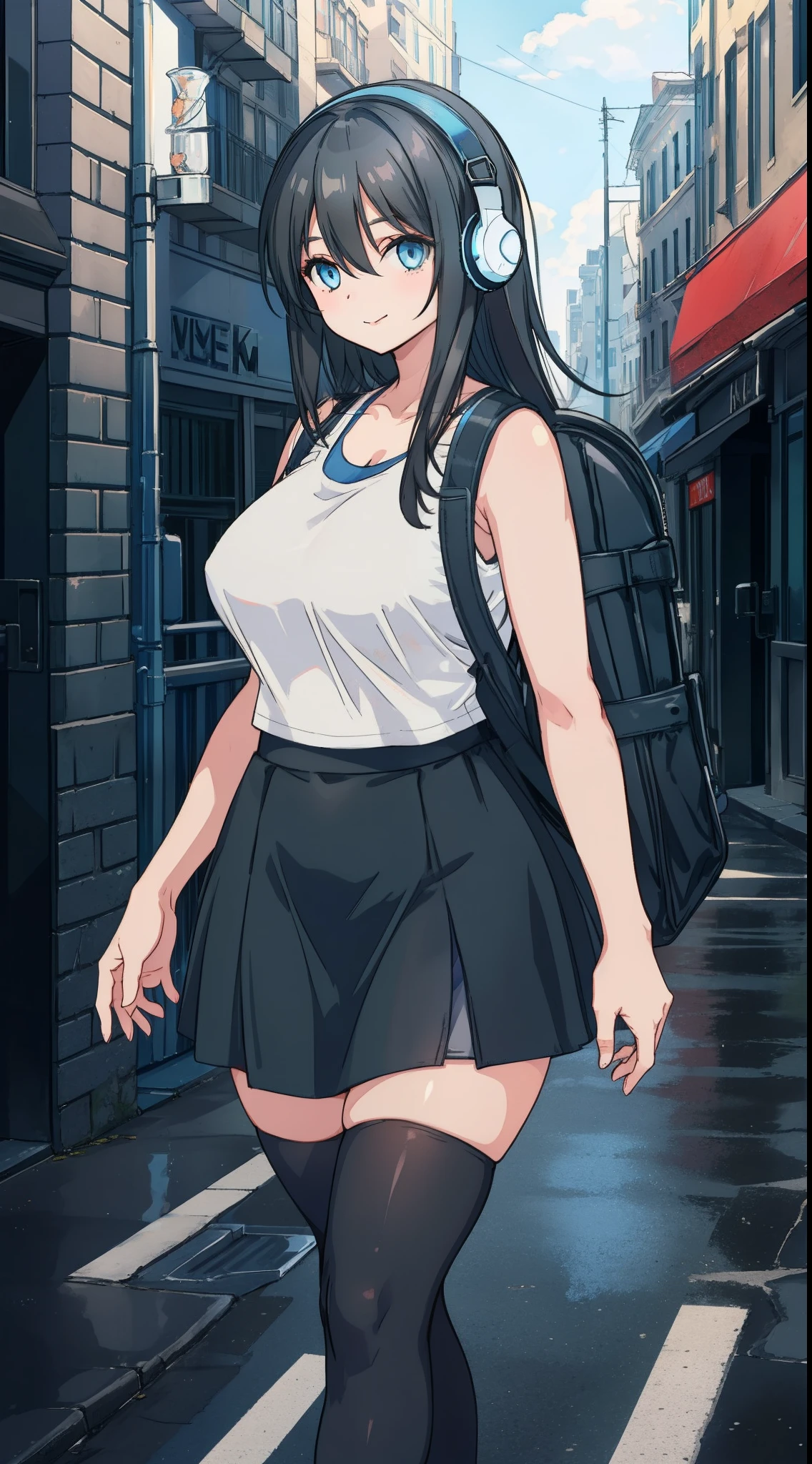 Girl, Long Black Hair, Slightly Grey, a little bit thicc, Blue-Grey Tank Top, Black Leggings, White Skirt, Headphones, Blue Eyes, Walking On Street, Smiling, White Skirt, backpack, a bit bigger thighs and hips, Headphones, hourglass figure,