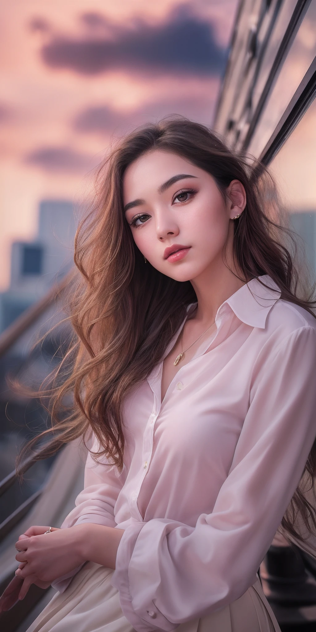 Photo of 21 year old girl, (brown hair with extra long wavy), ((portrait)), (Detailed face: 1.2)), (Detailed facial features)), (Fine skin), pale skin, high detail and deep cleavage, slim body, (cold color), reflection, (masterpiece) (Perfect proportions) (realistic photos) (highest quality), shot with Canon EOS R5, 50mm lens, f/2.8, HDR, (8k) (wallpaper) (movie lighting) (dramatic lighting) (sharp focus) (complex), (shirt, mini flared pastel skirt, heels), ((full body shot)), (city background), ((from below))